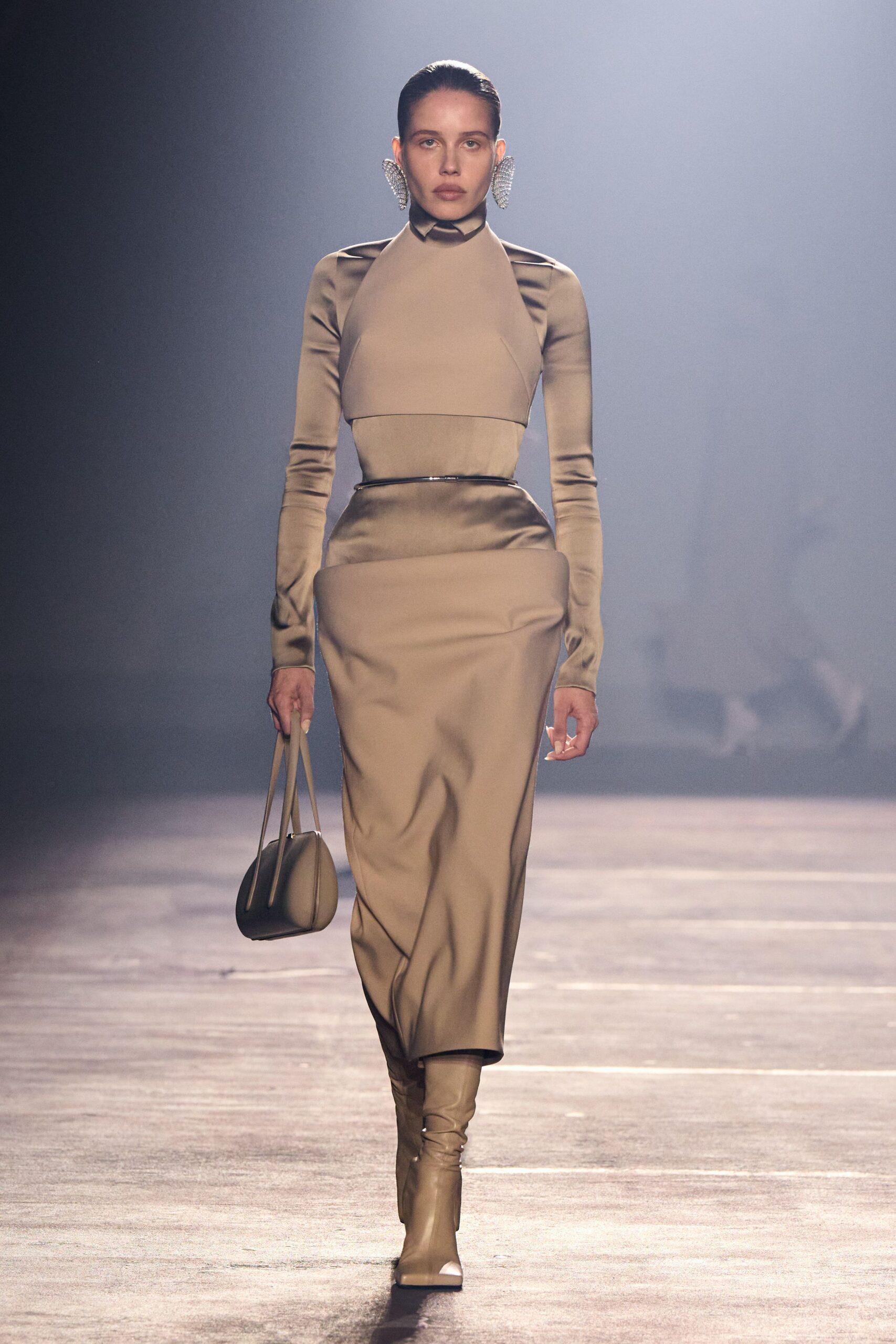 beige silk long-sleeve high-neck fitted pencil shiny dress