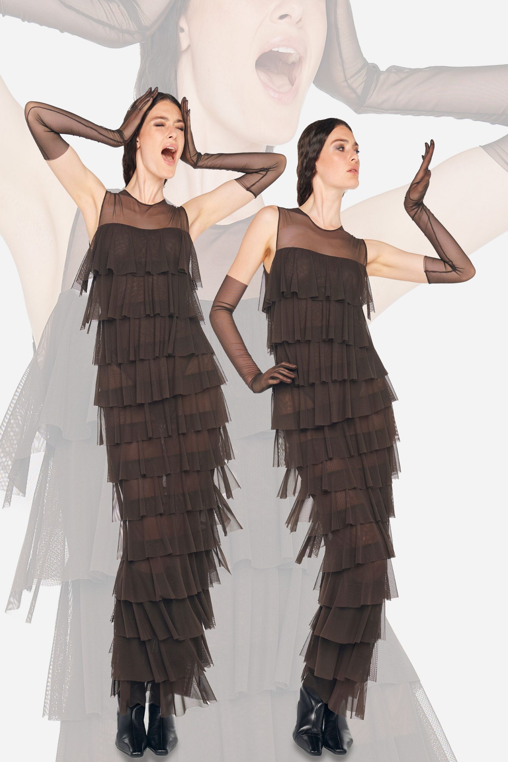 brown tulle sleeveless high-neck fitted tiered flowing dress