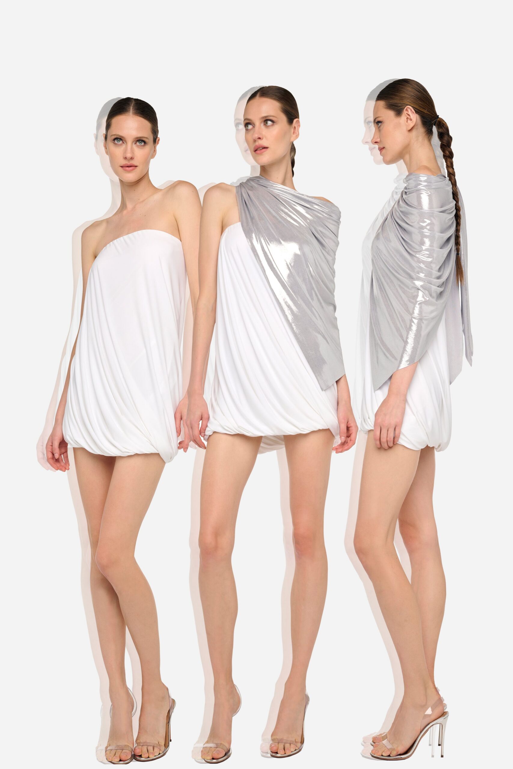 white draped mini dress with silver jacket