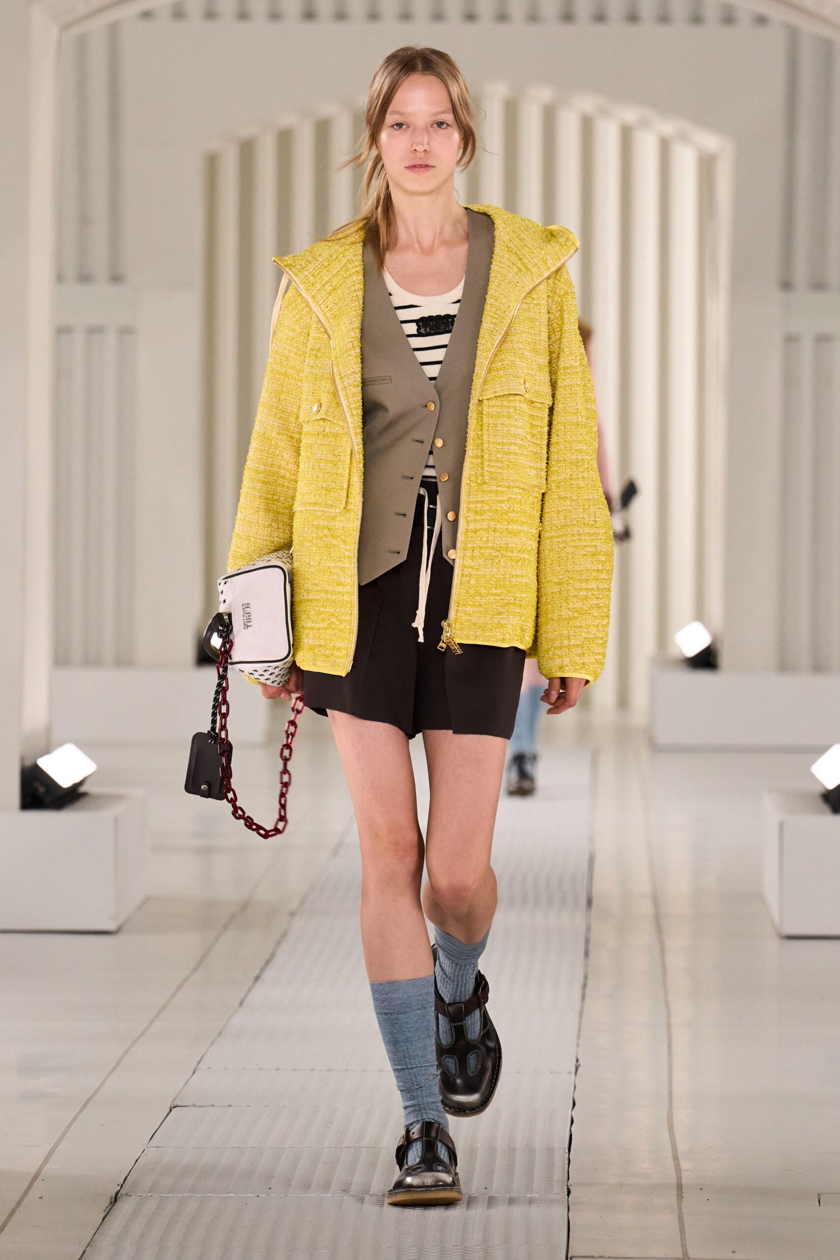 yellow tweed long-sleeve collared relaxed buttoned jacket