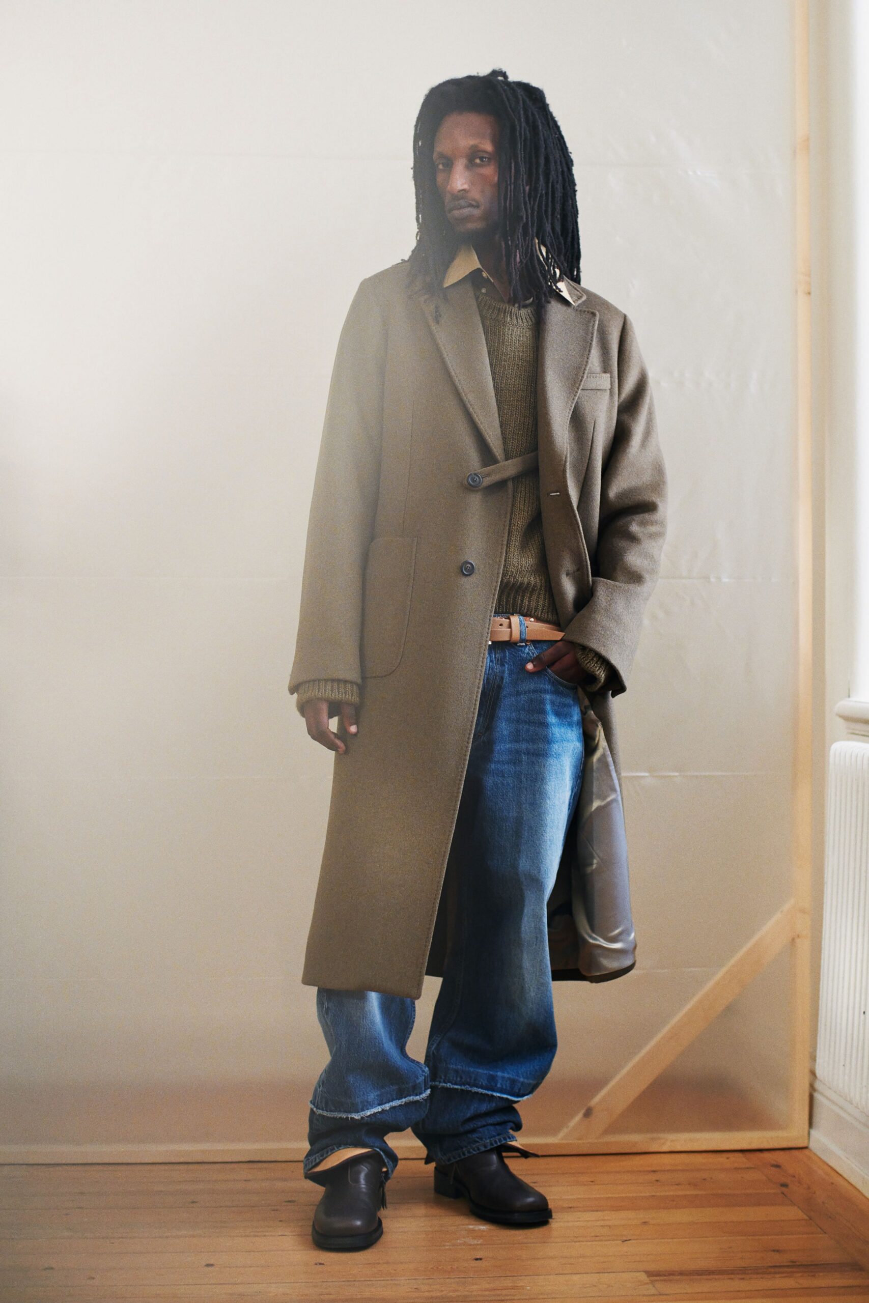 brown wool coat with green sweater