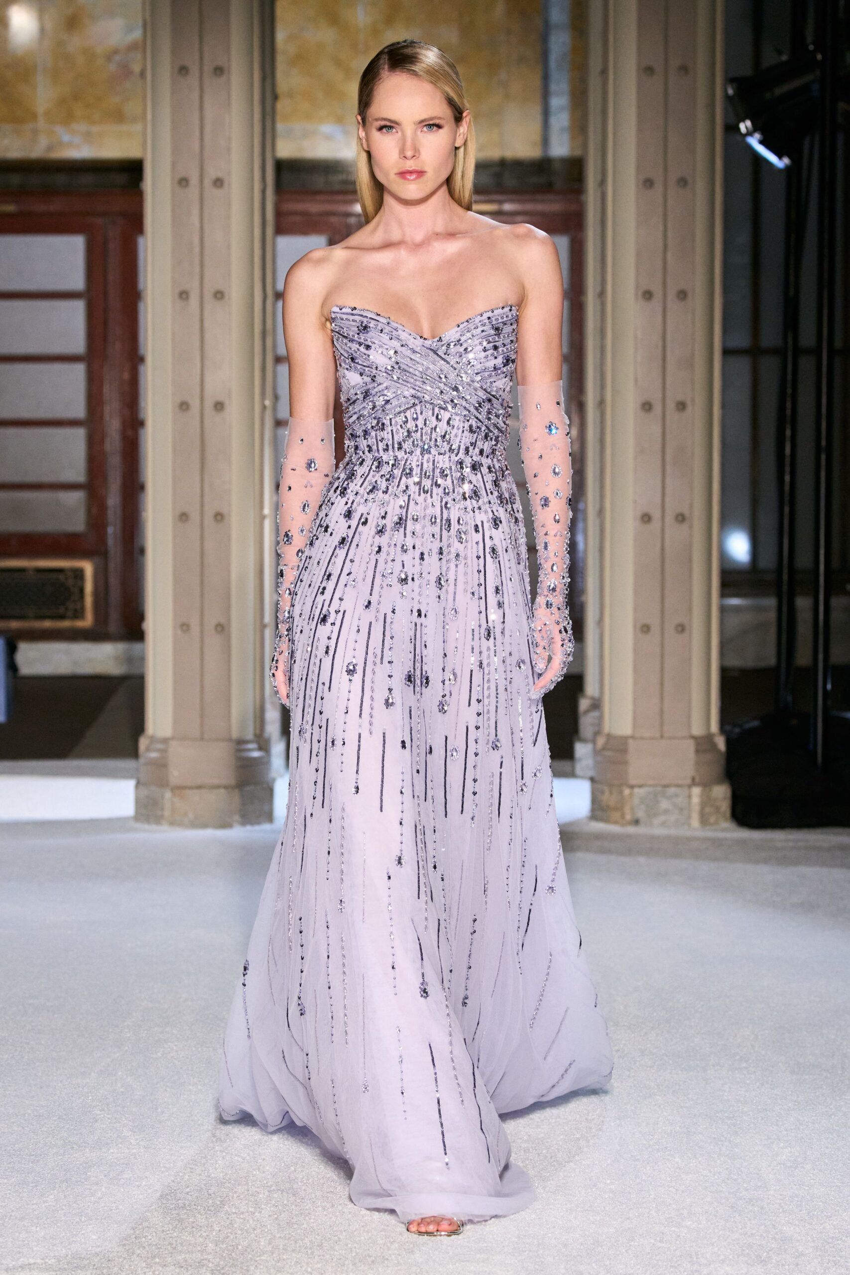 lavender silk strapless fitted embroidered layered flowing gown