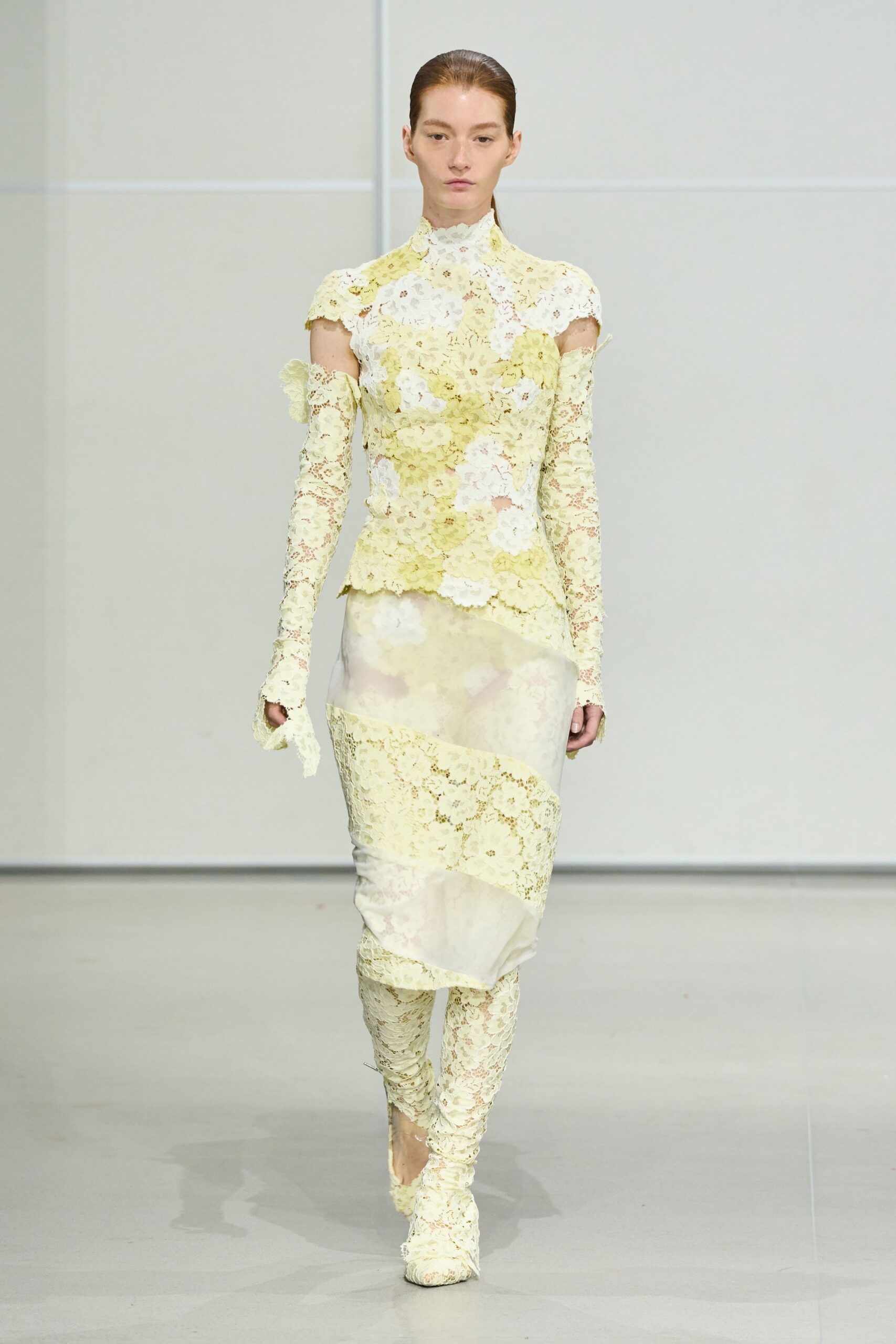 yellow lace long-sleeve high-neck fitted pleated embroidered dress