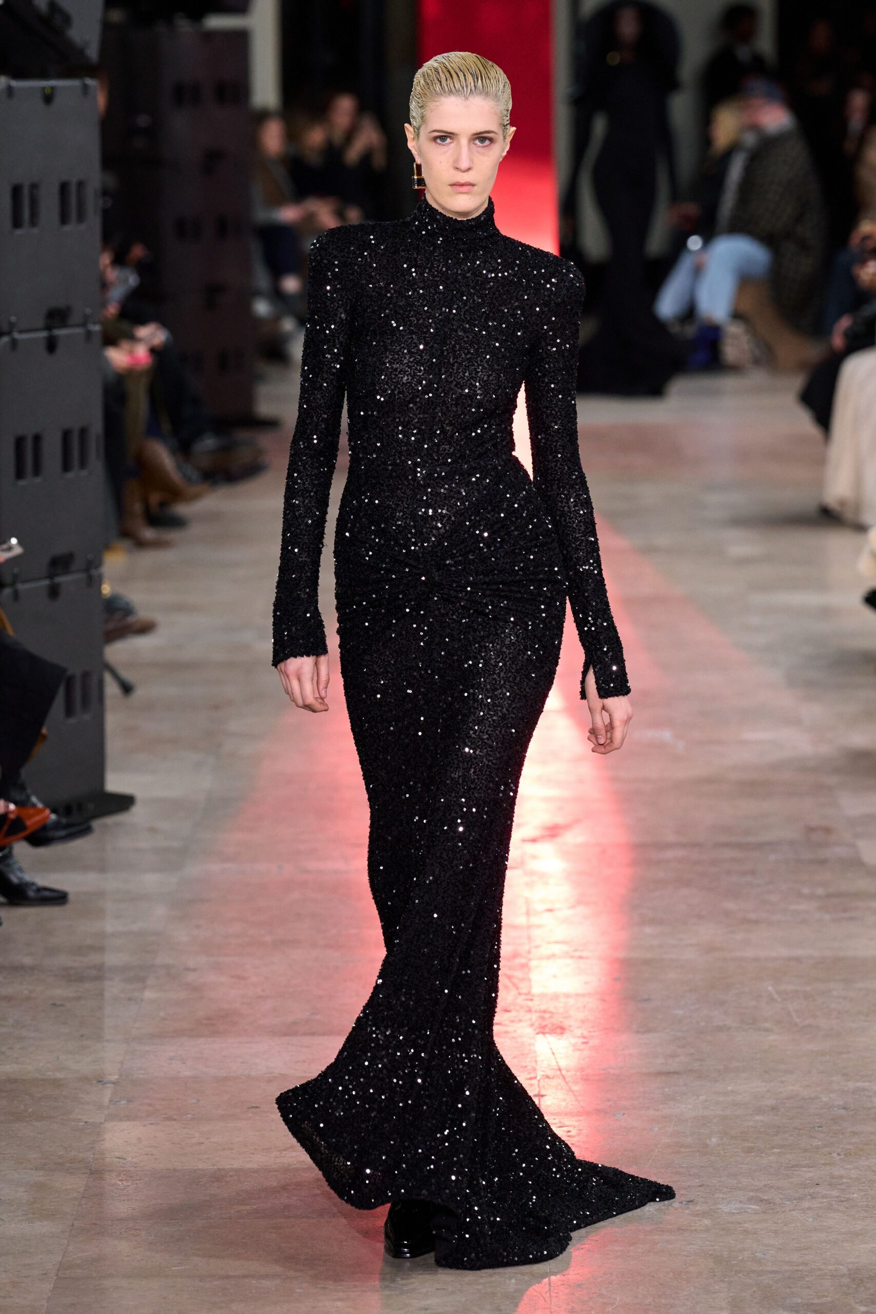 black sequined long-sleeve gown