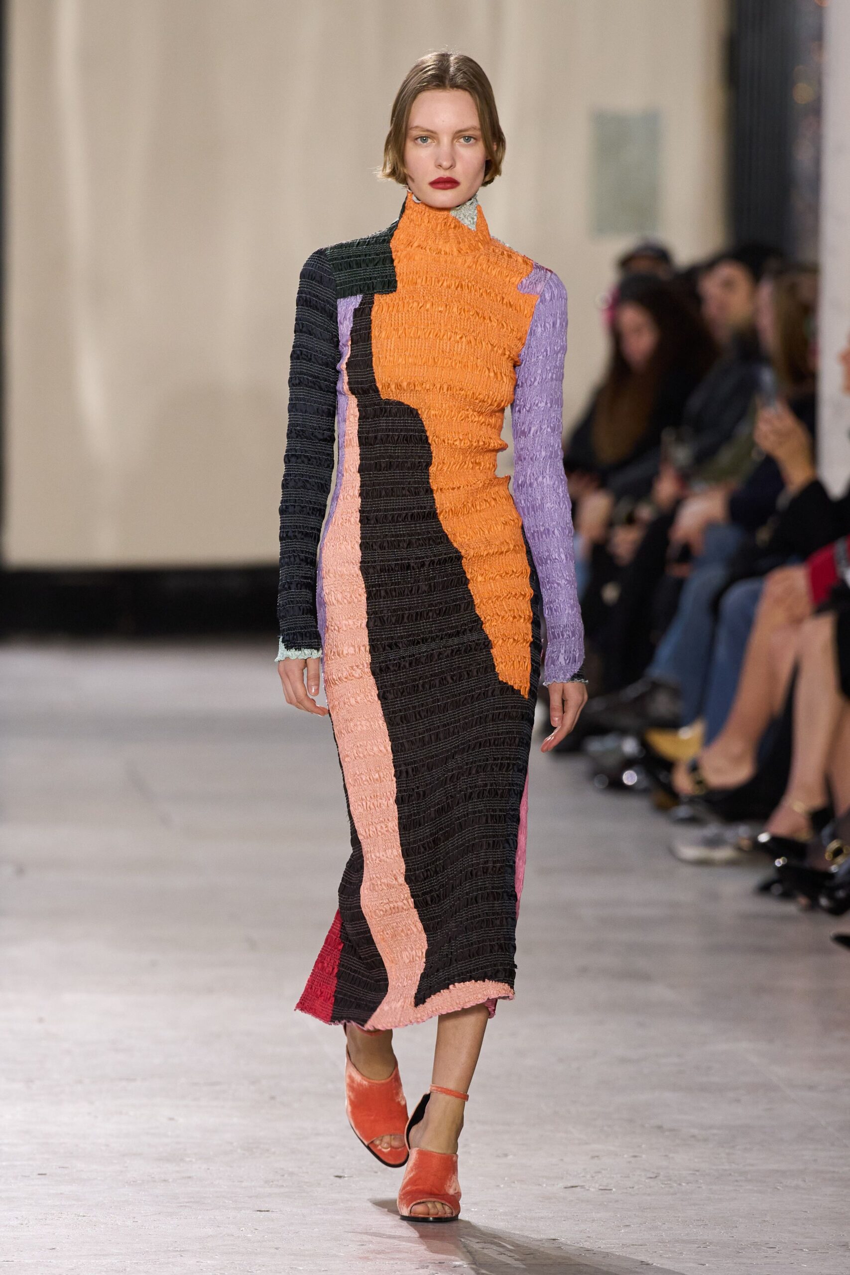 orange cotton long-sleeve high-neck fitted color-blocked ruched dress