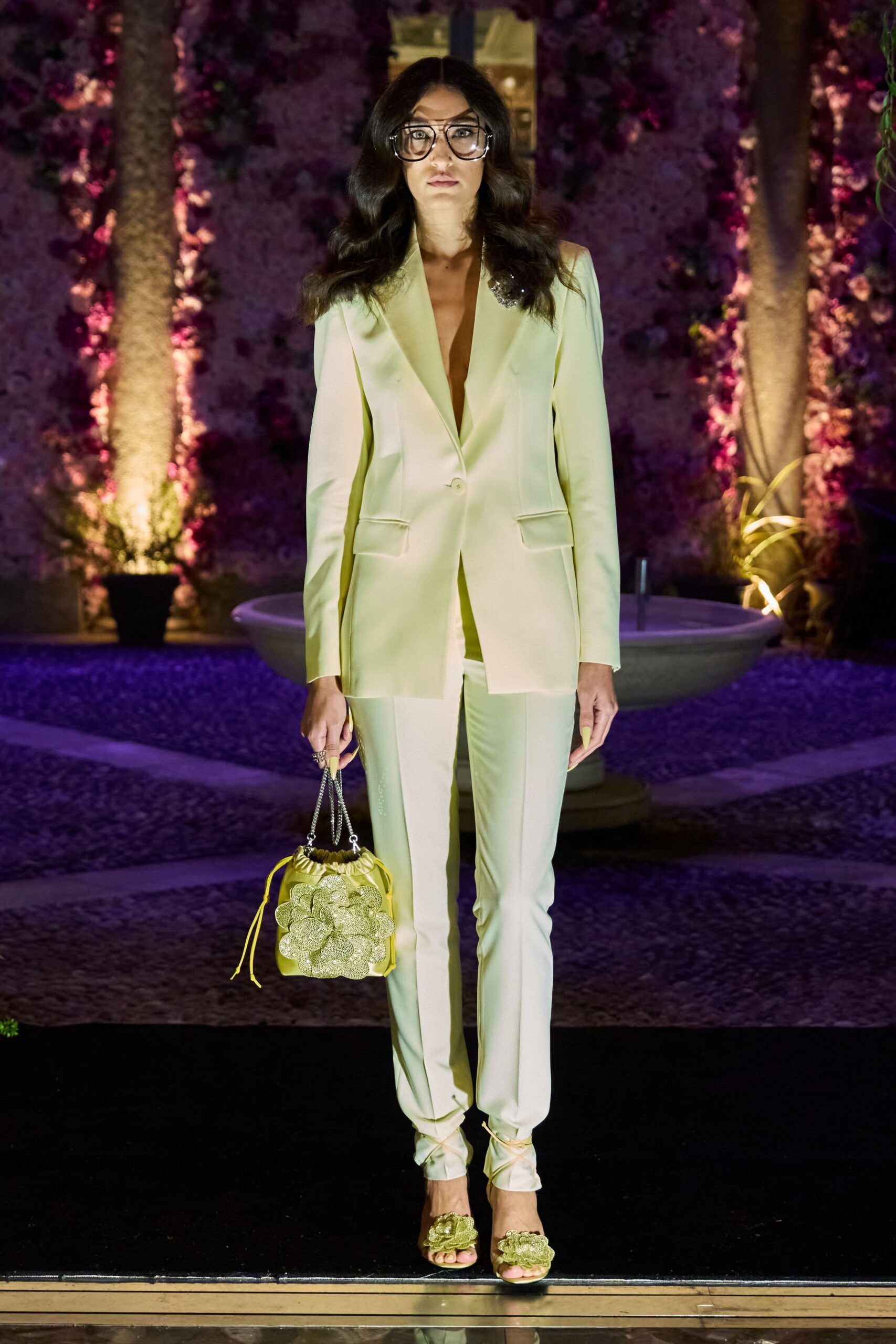 yellow silk long-sleeve collared tailored suit