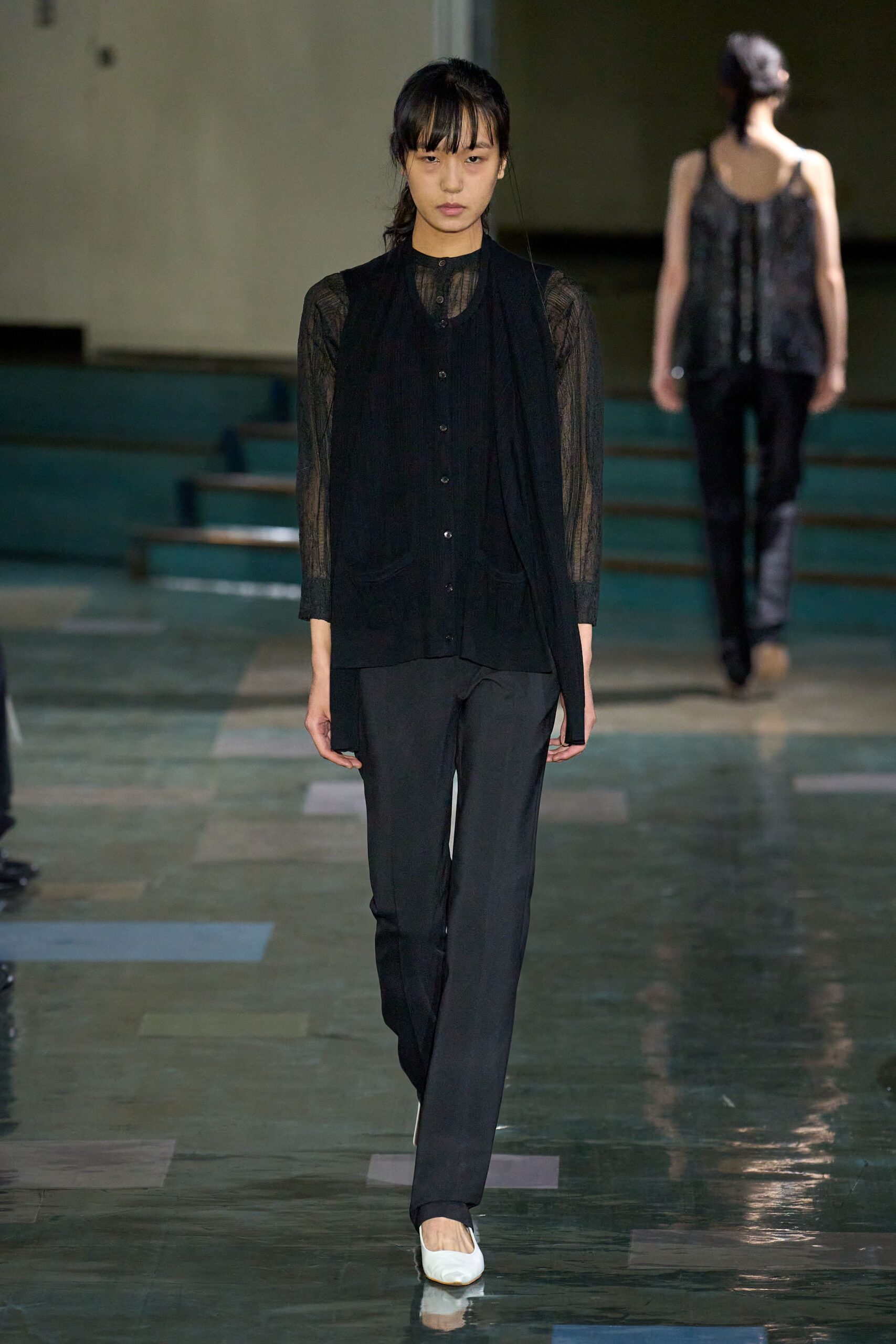 black silk long-sleeve collared fitted layered sheer top