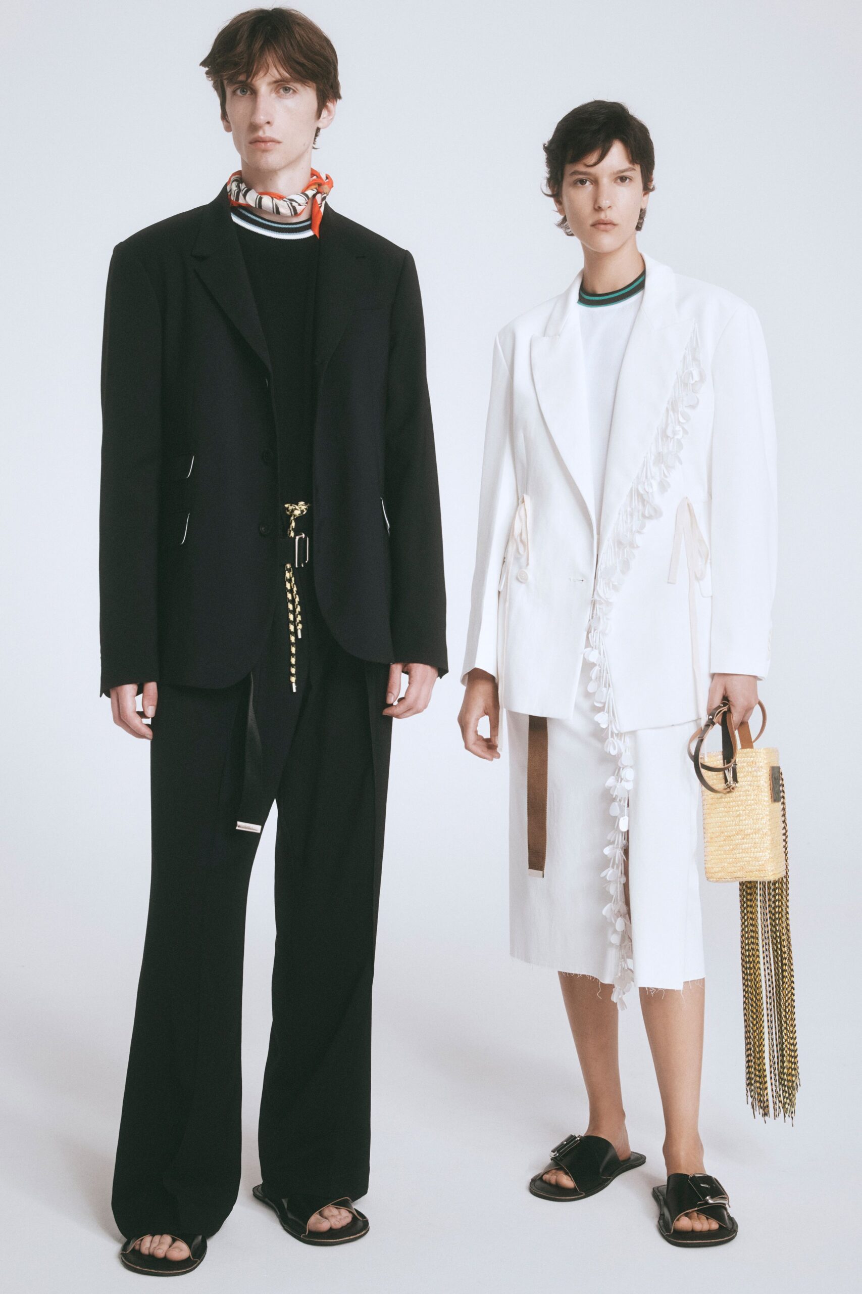 white long-sleeve collared structured buttoned fringed blazer