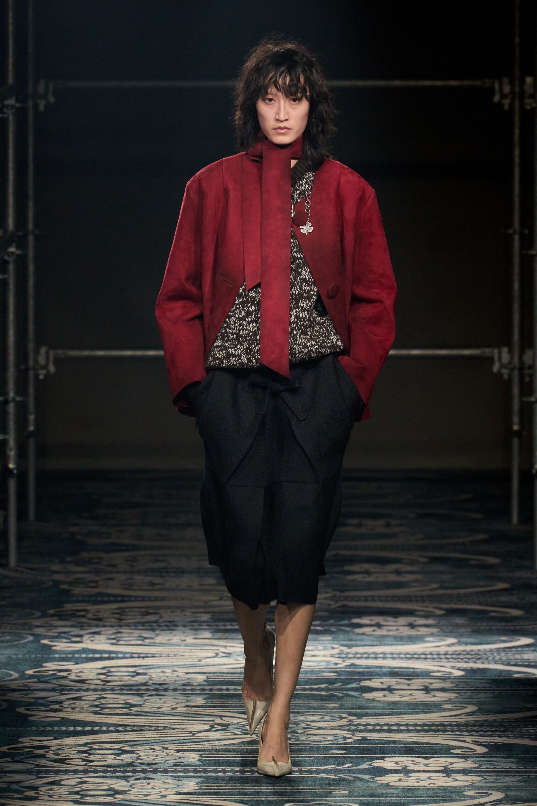 red cotton long-sleeve collared structured jacket
