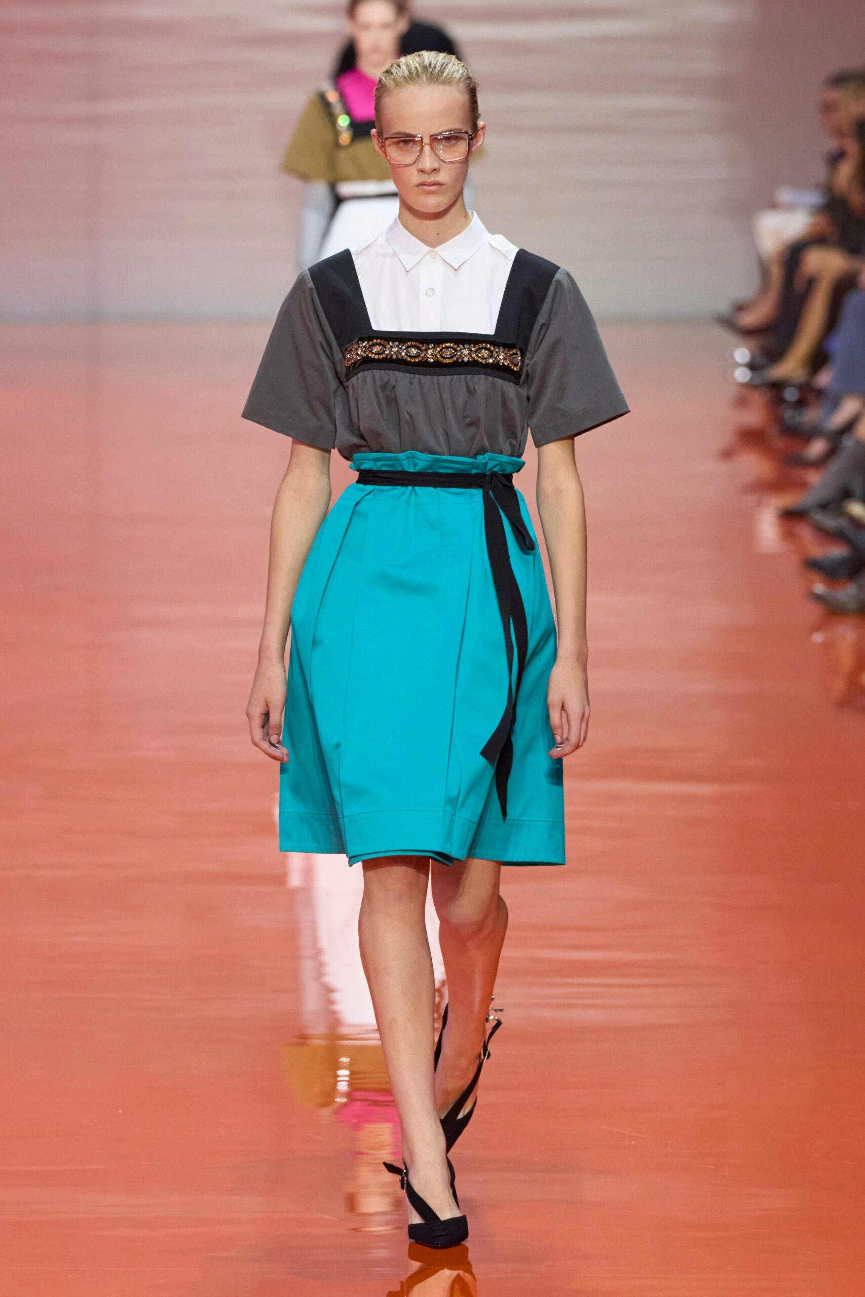 teal cotton fitted high-waisted pleated belted skirt