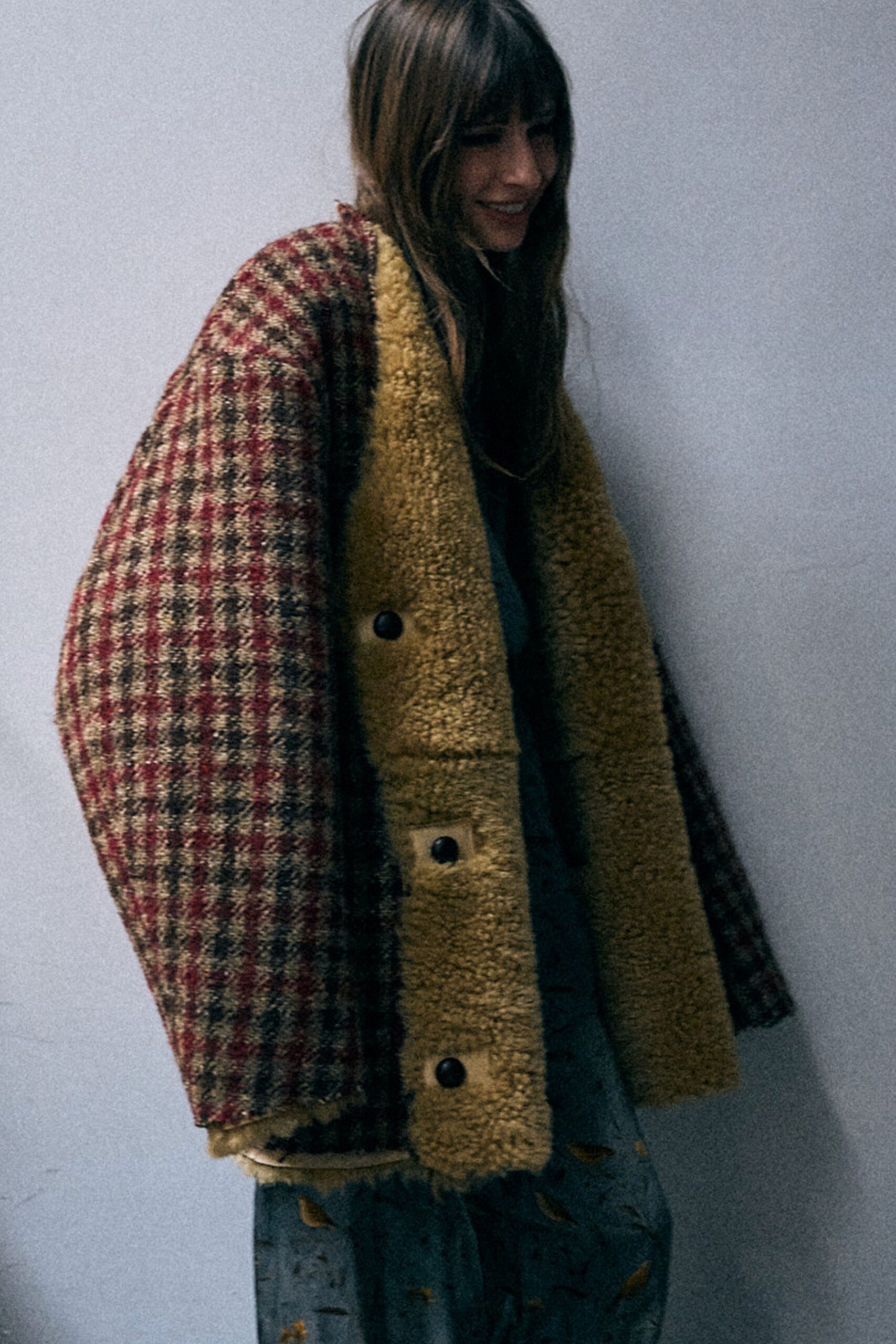 red wool long-sleeve collared oversized checked buttoned coat