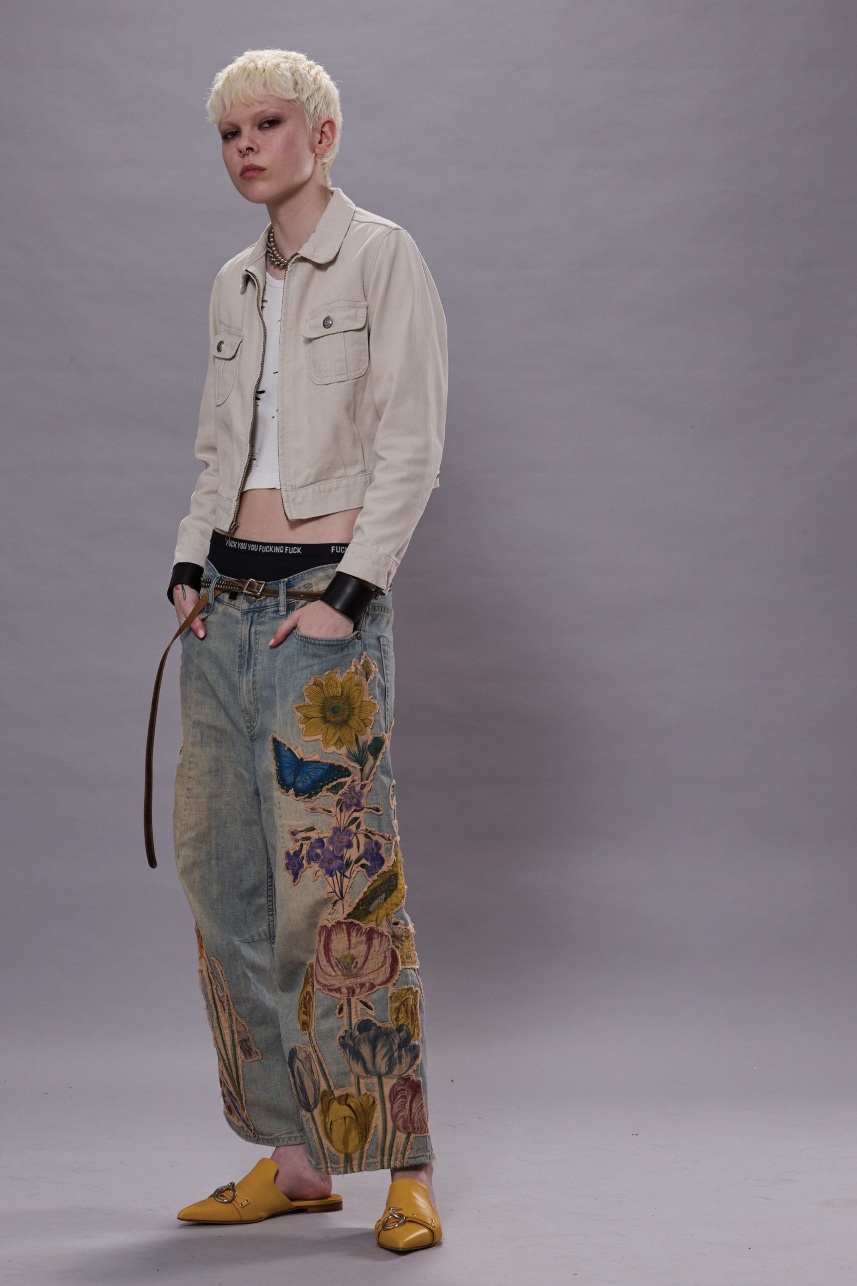 blue denim relaxed embroidered pants