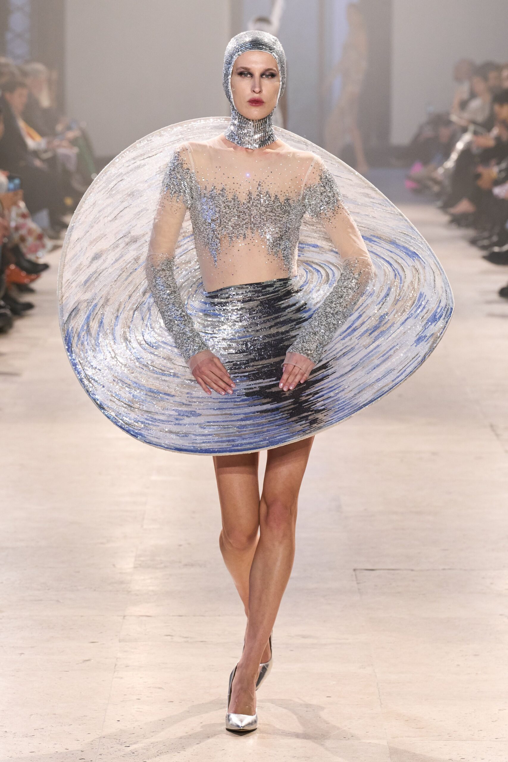 gray mesh long-sleeve high-neck fitted sequined pleated dress