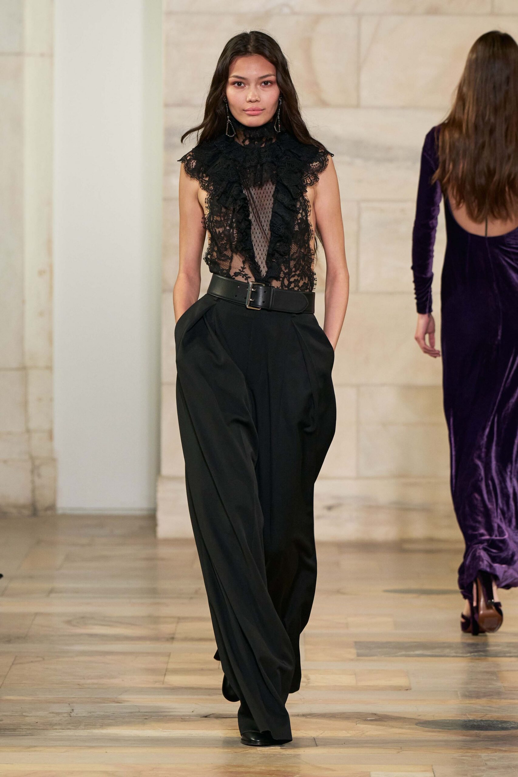black lace sleeveless high-neck fitted ruffled sheer top
