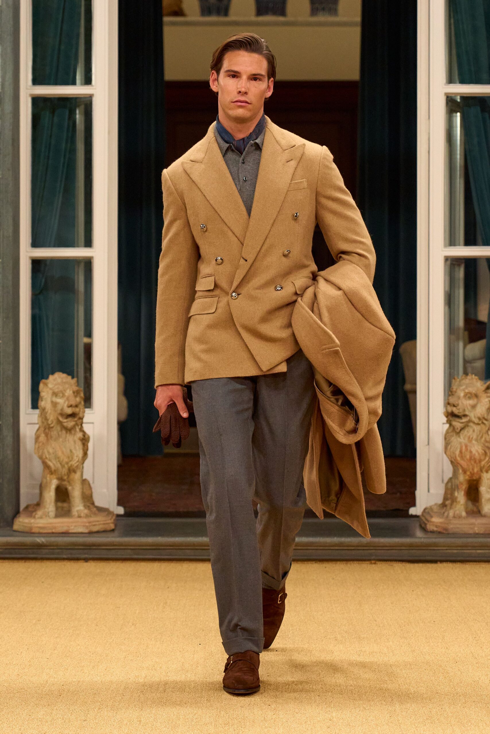 beige tailored blazer with gray pants