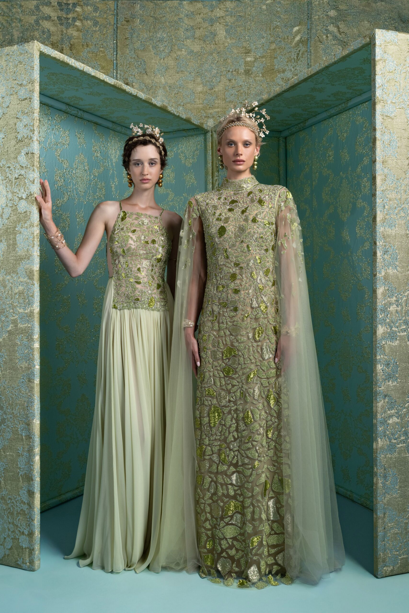 green silk sleeveless v-neck fitted pleated maxi dress