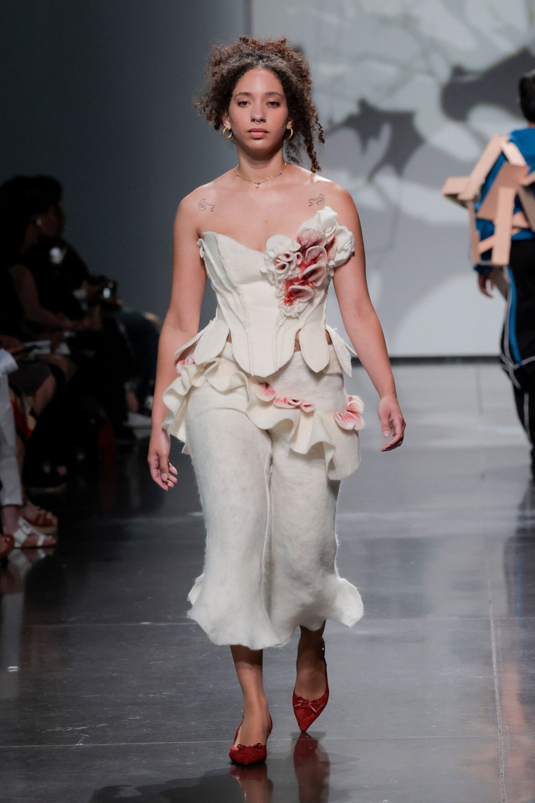 white cotton sleeveless off-shoulder fitted ruffled embroidered dress