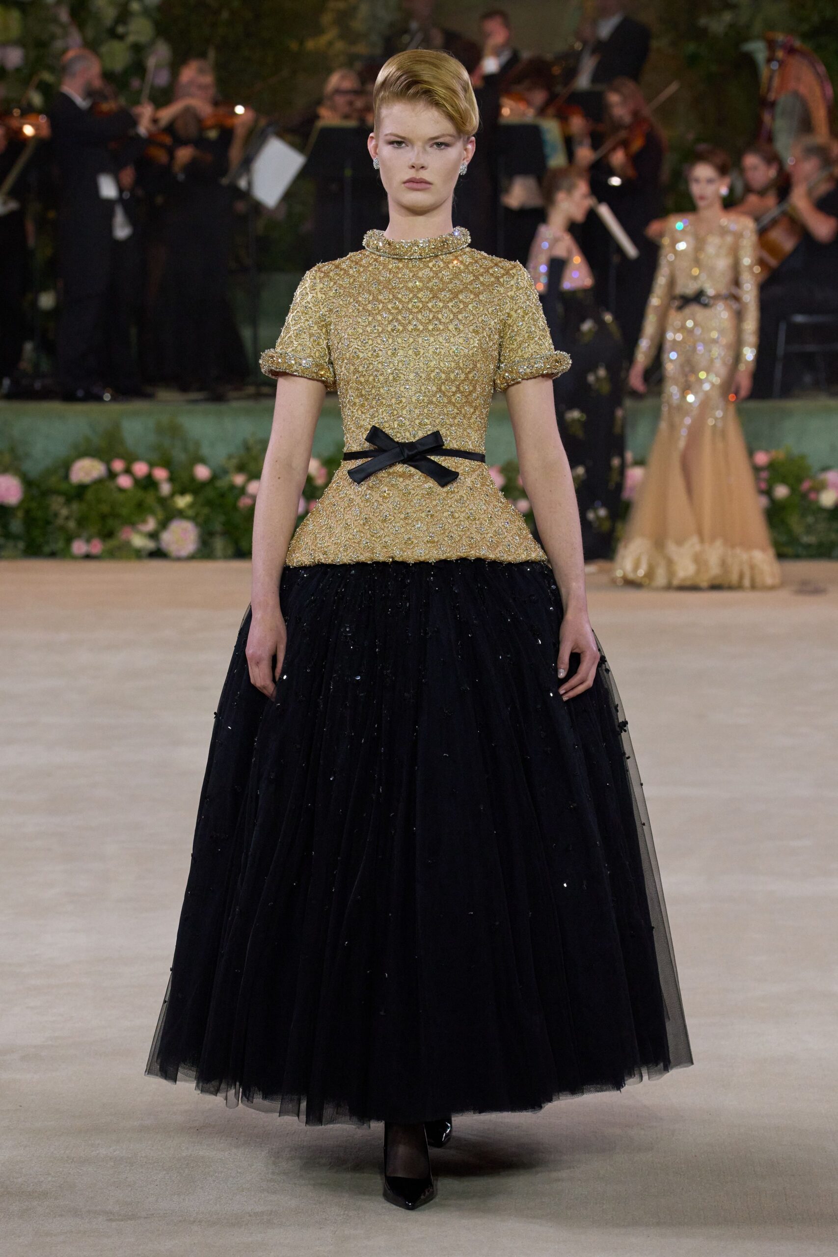 black silk short-sleeve high-neck fitted pleated embellished dress