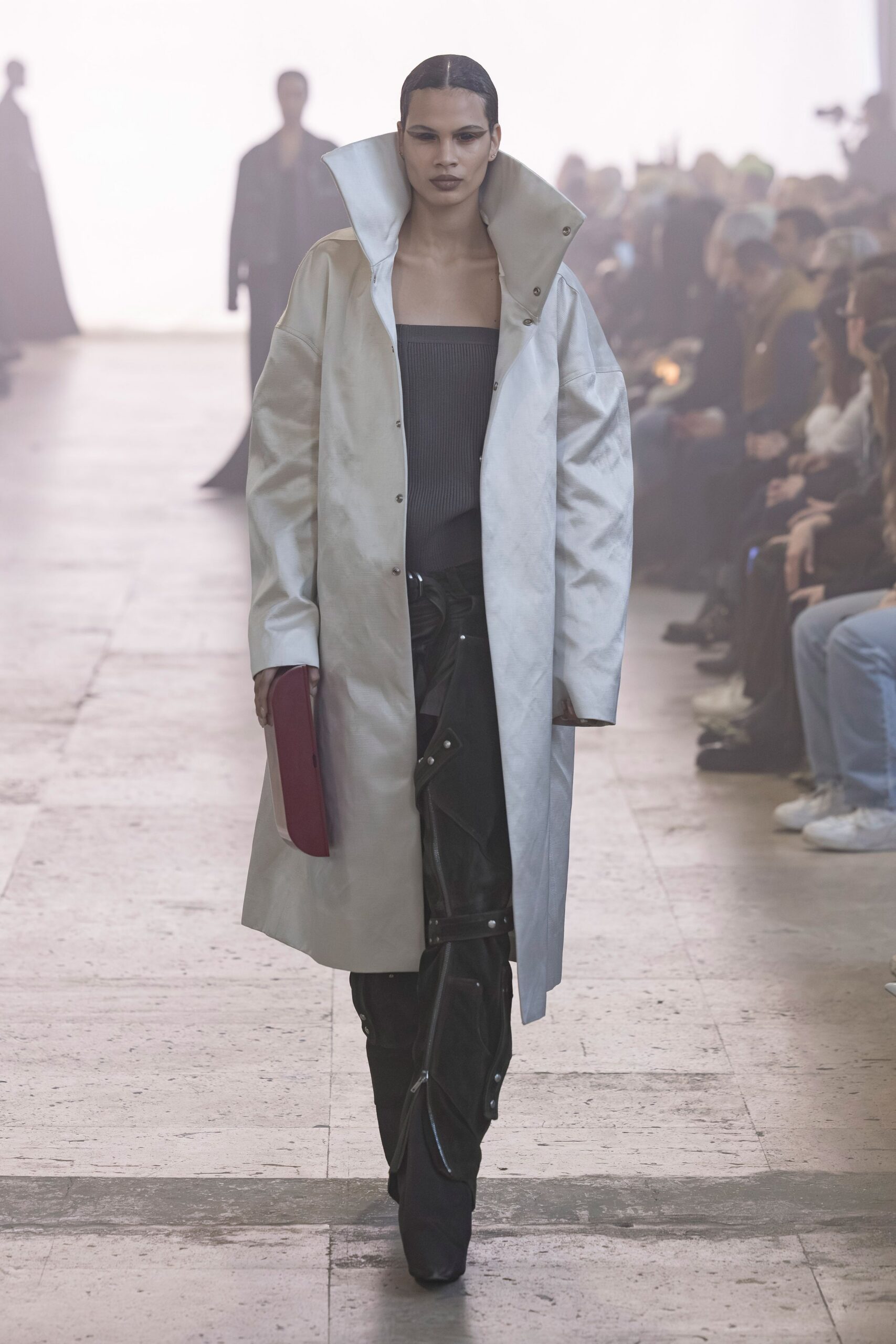 white silk long-sleeve collared relaxed zippered midi coat