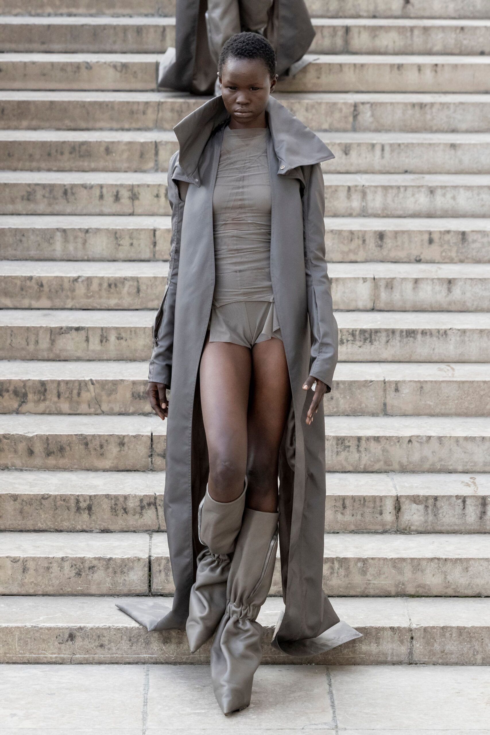 gray silk long-sleeve collared relaxed draped maxi coat