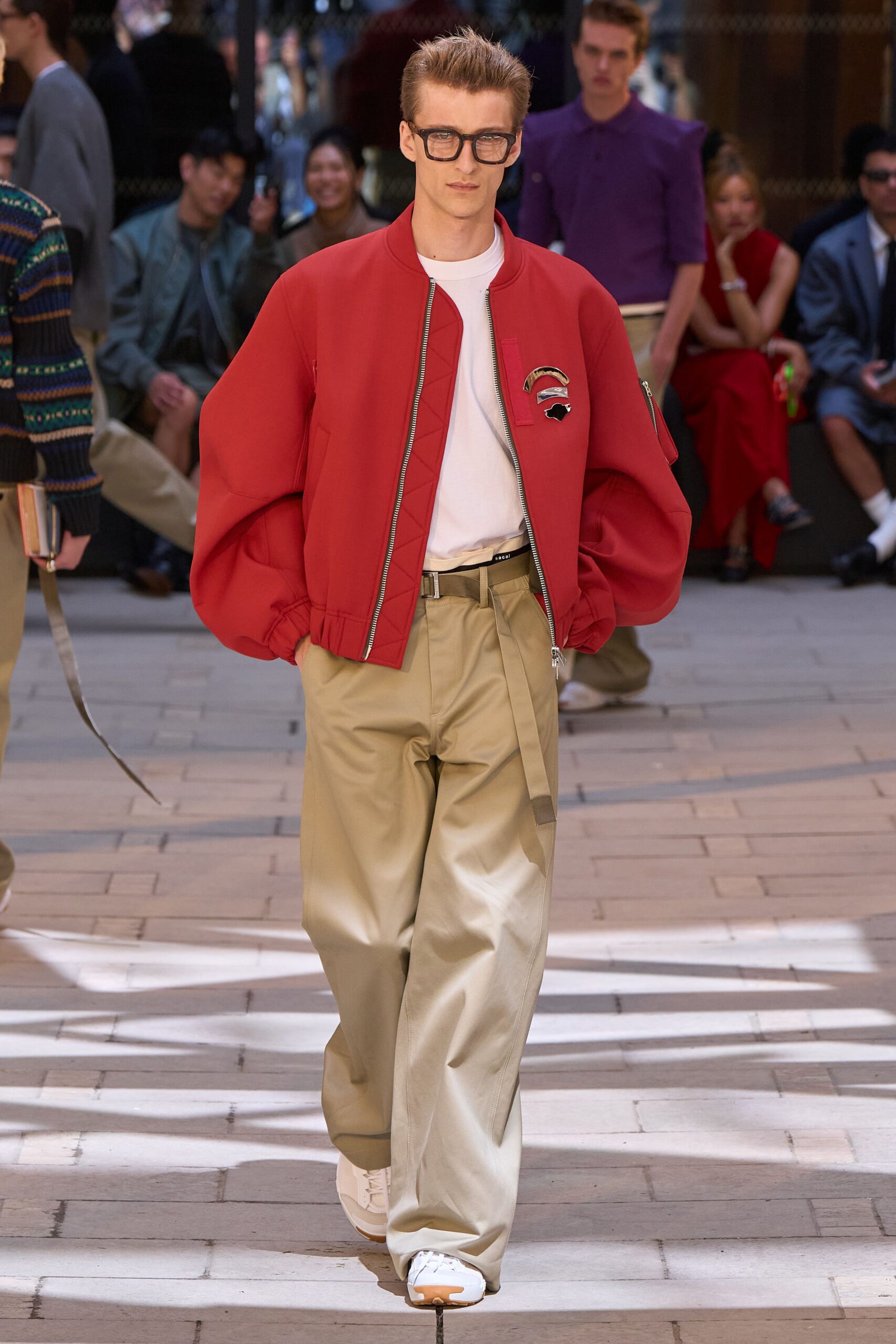 red cotton long-sleeve collared relaxed jacket