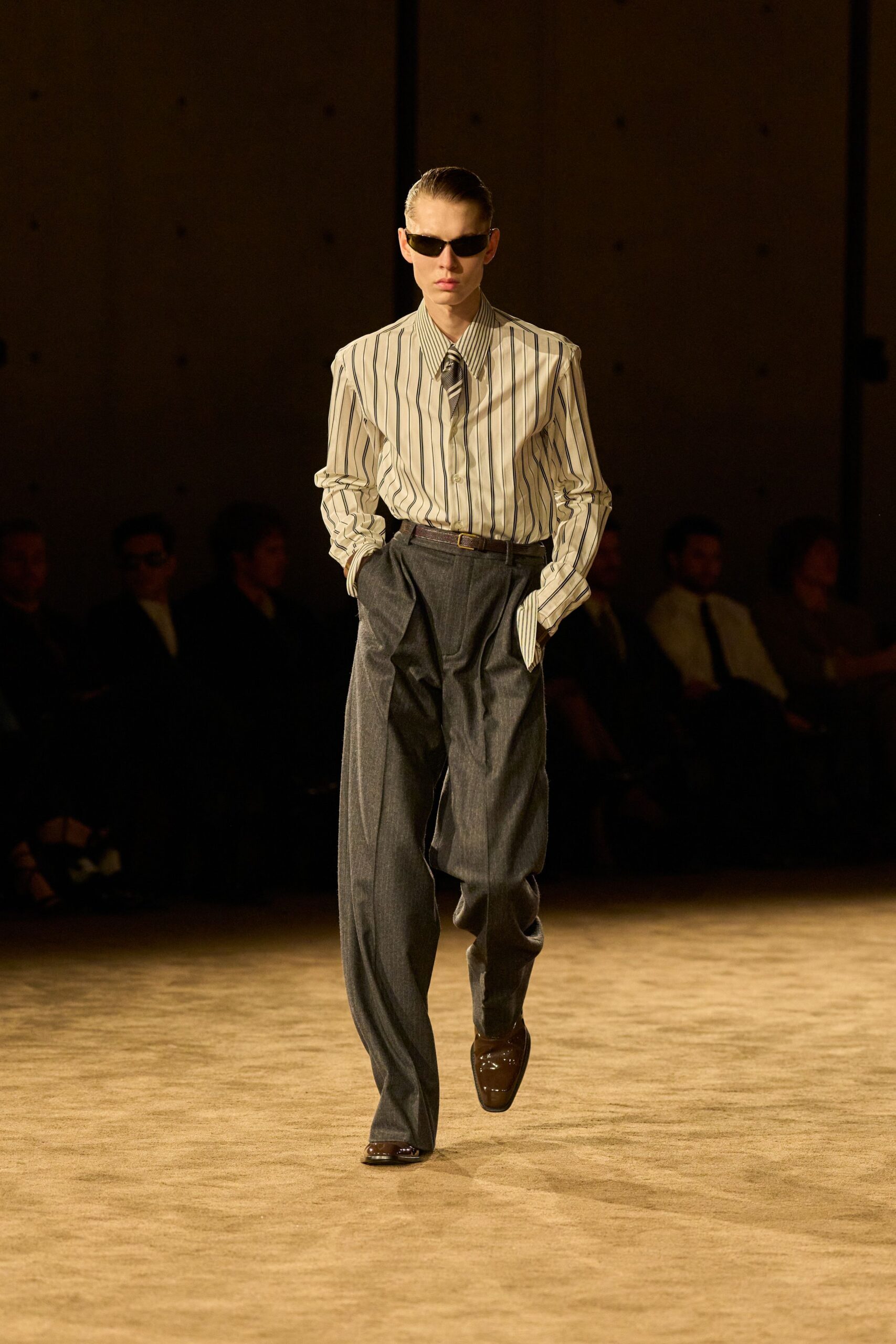 striped shirt gray pants