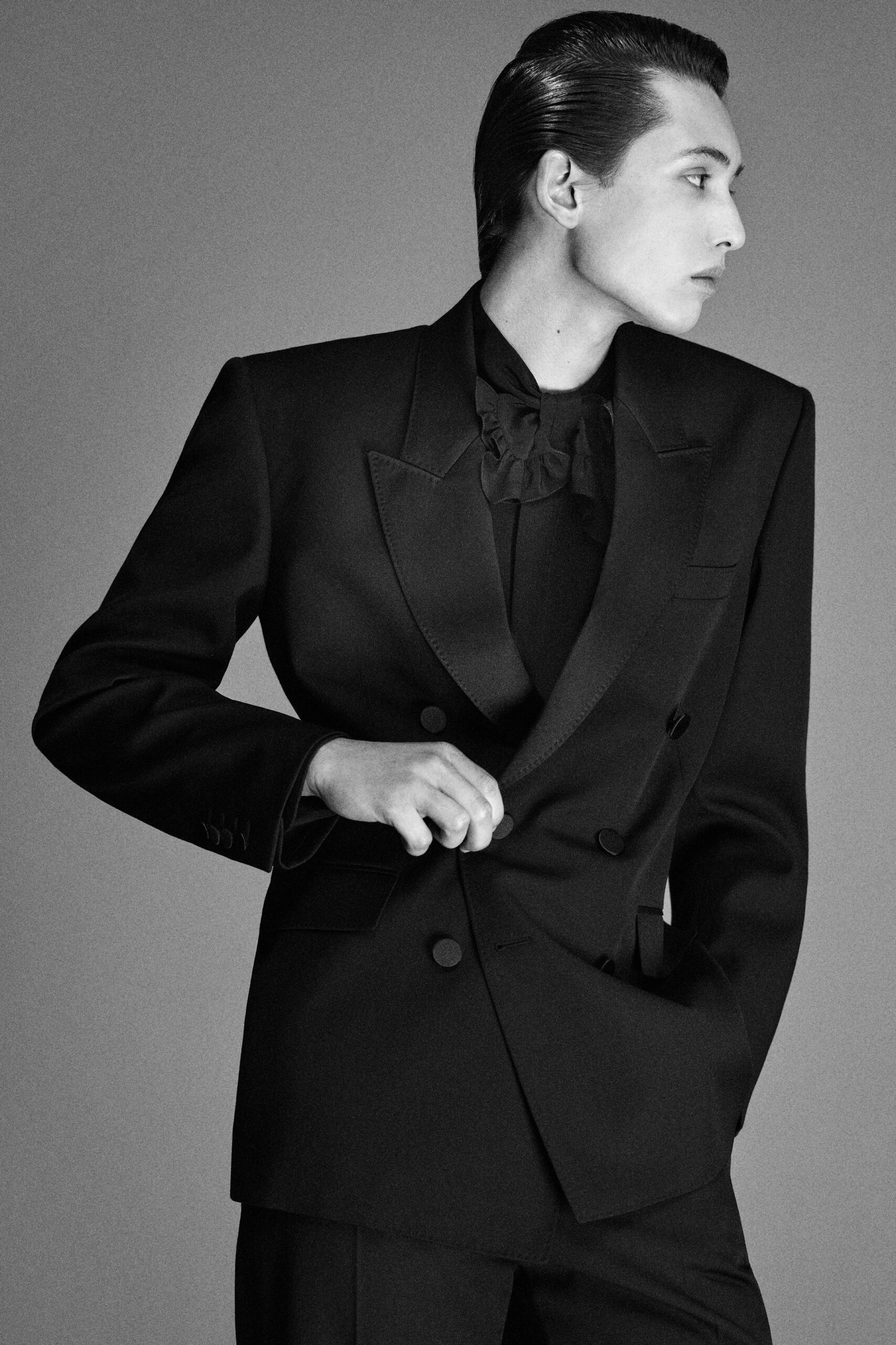 black silk long-sleeve collared structured blazer