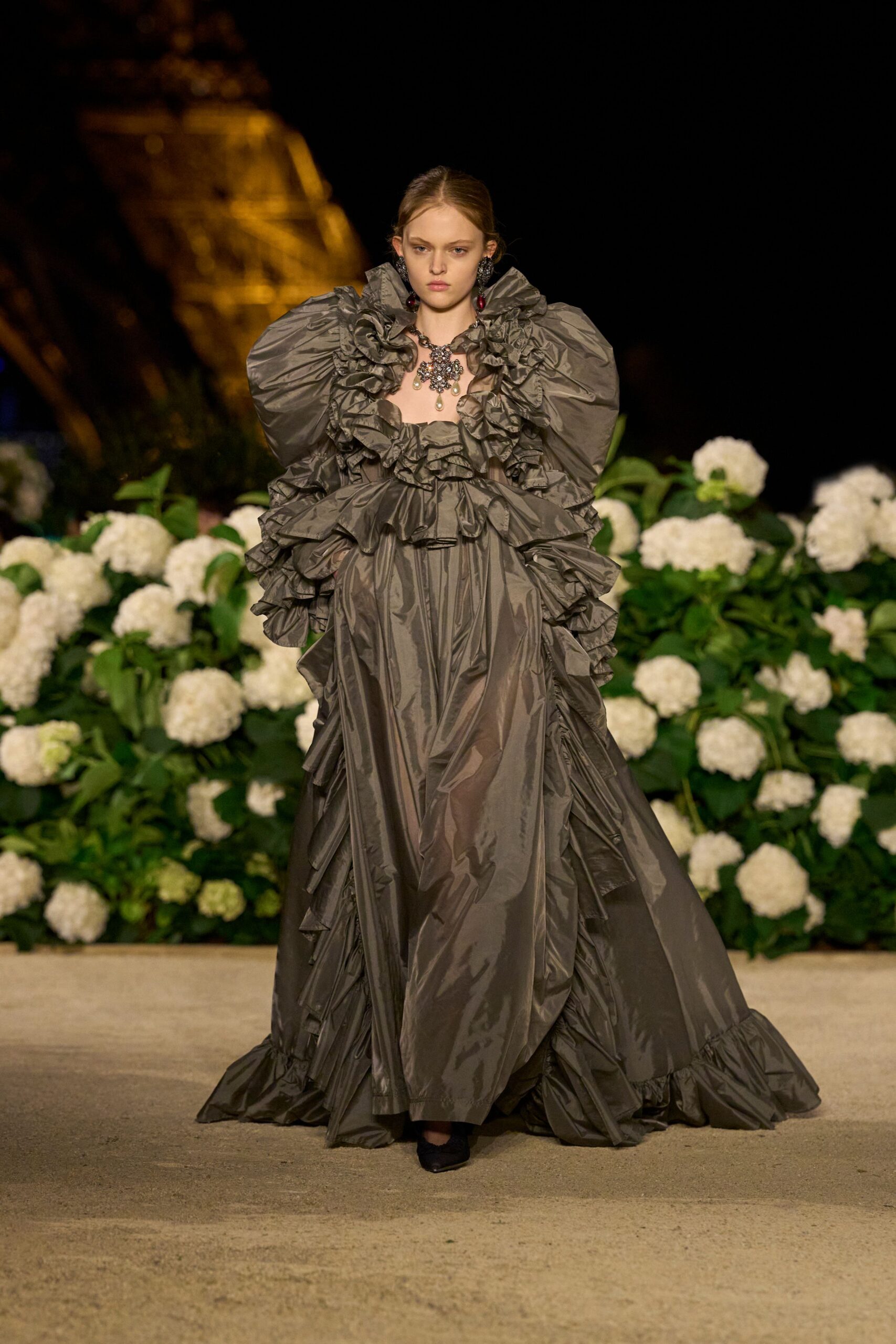 gray silk long-sleeve high-neck fitted ruffled layered gown