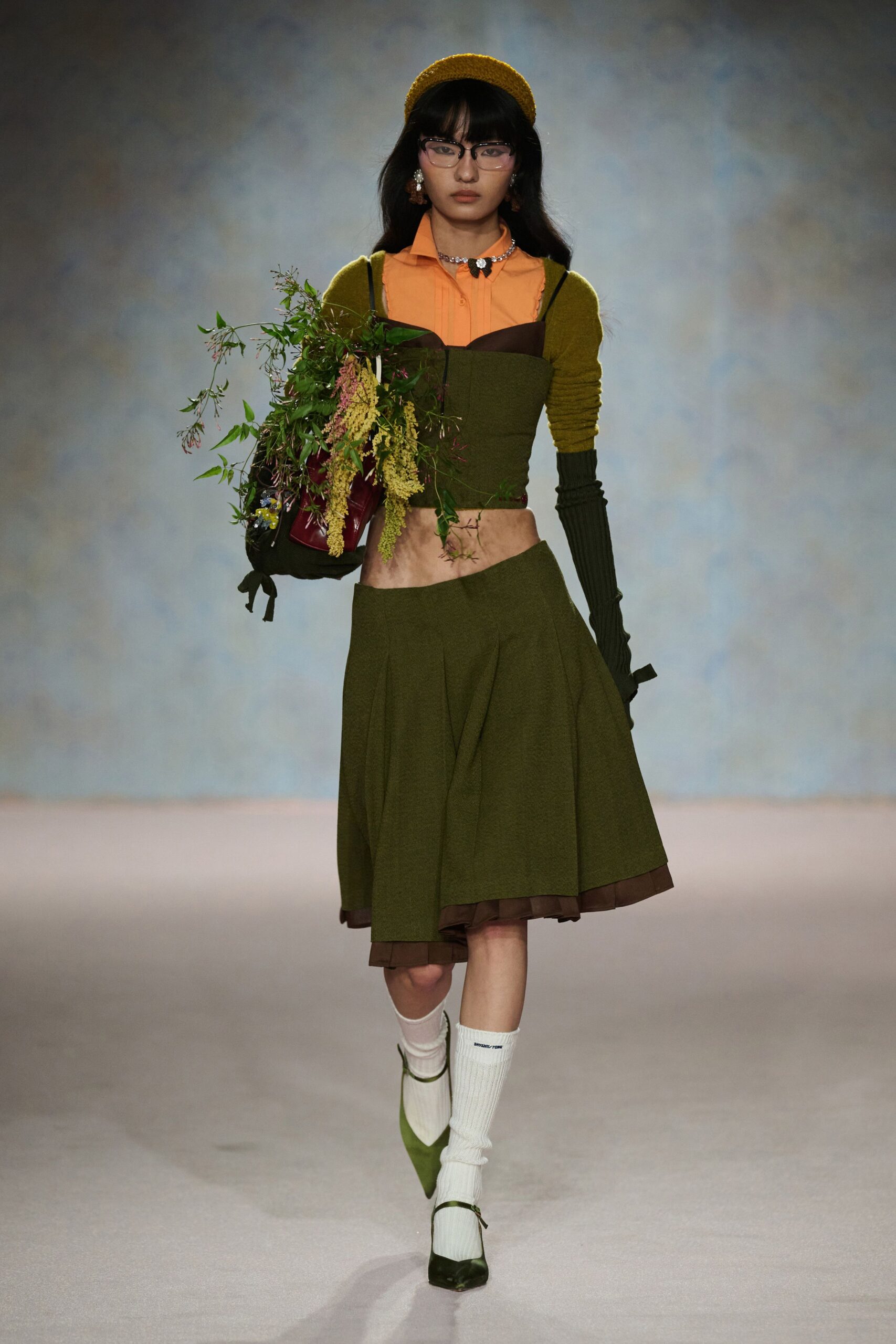 green cotton fitted flared midi skirt