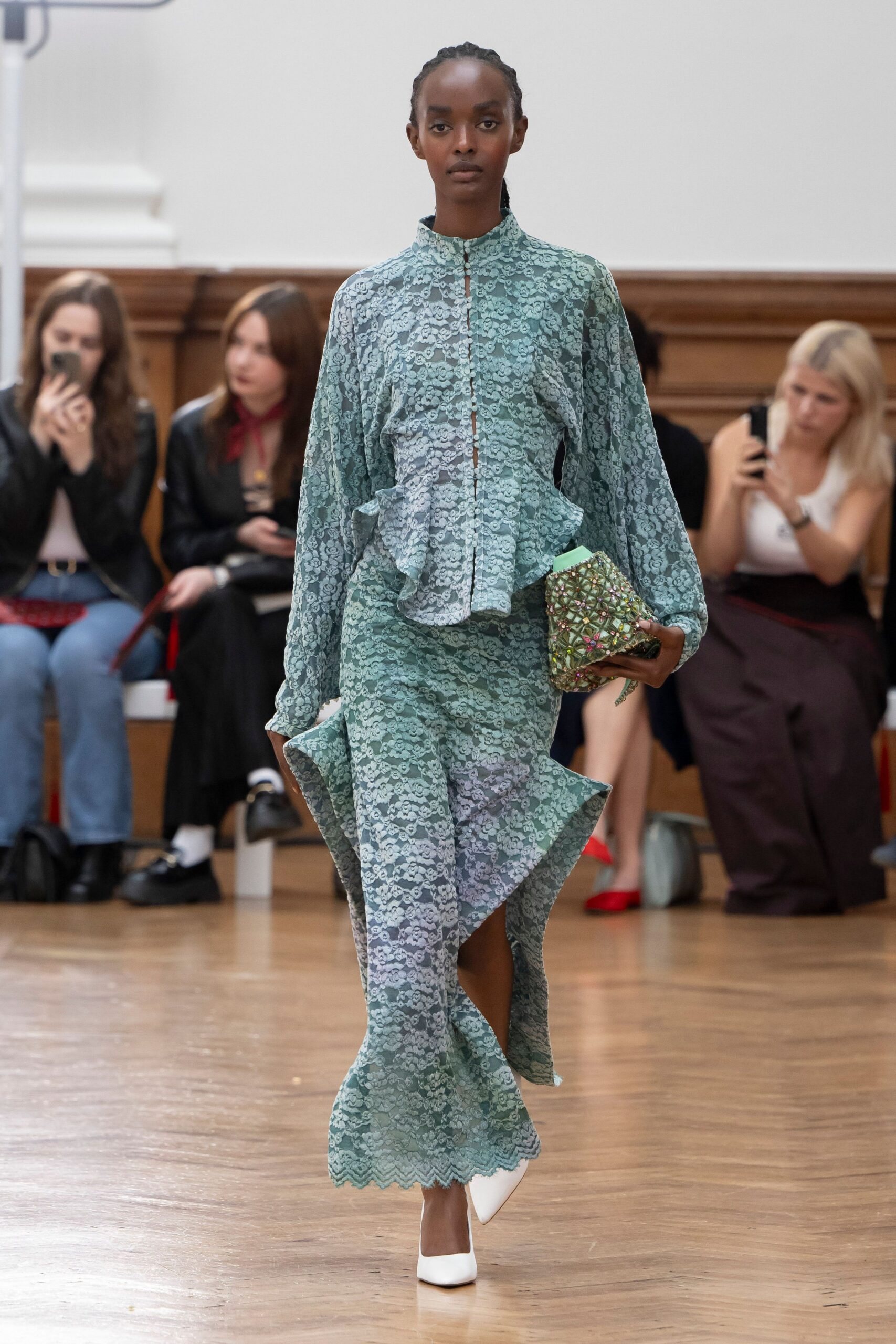 green lace long-sleeve collared fitted ruffled top