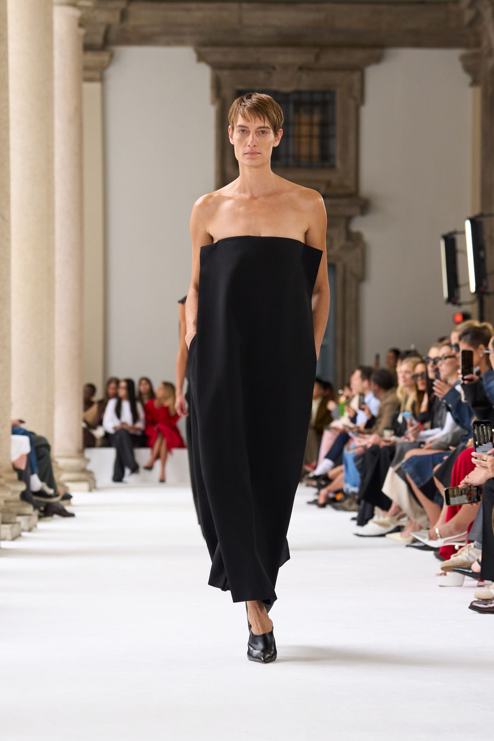 black silk strapless relaxed straight-leg midi gown