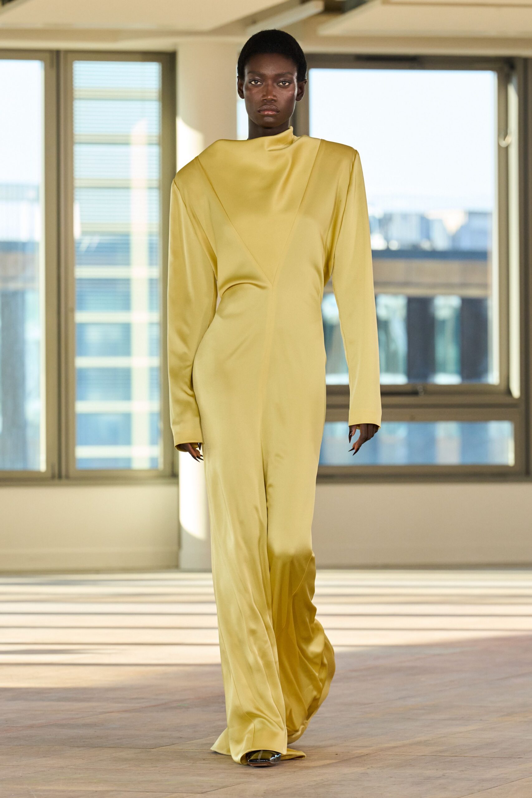 yellow satin fitted gown