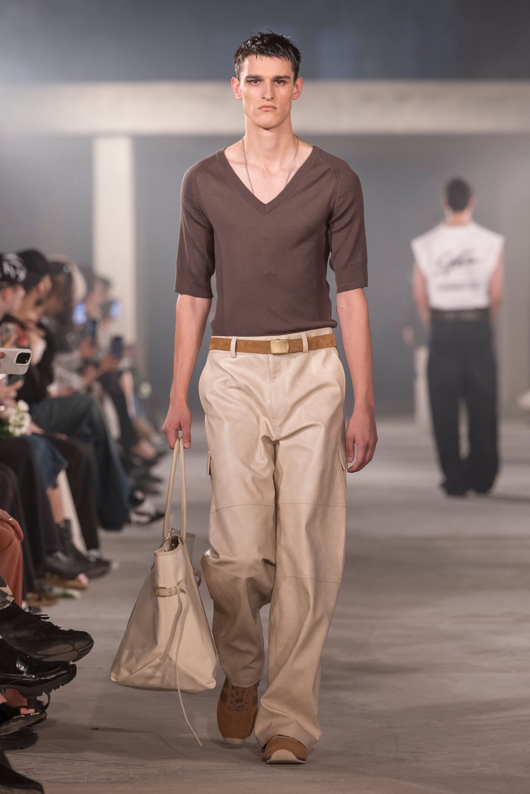 brown fitted top beige pants