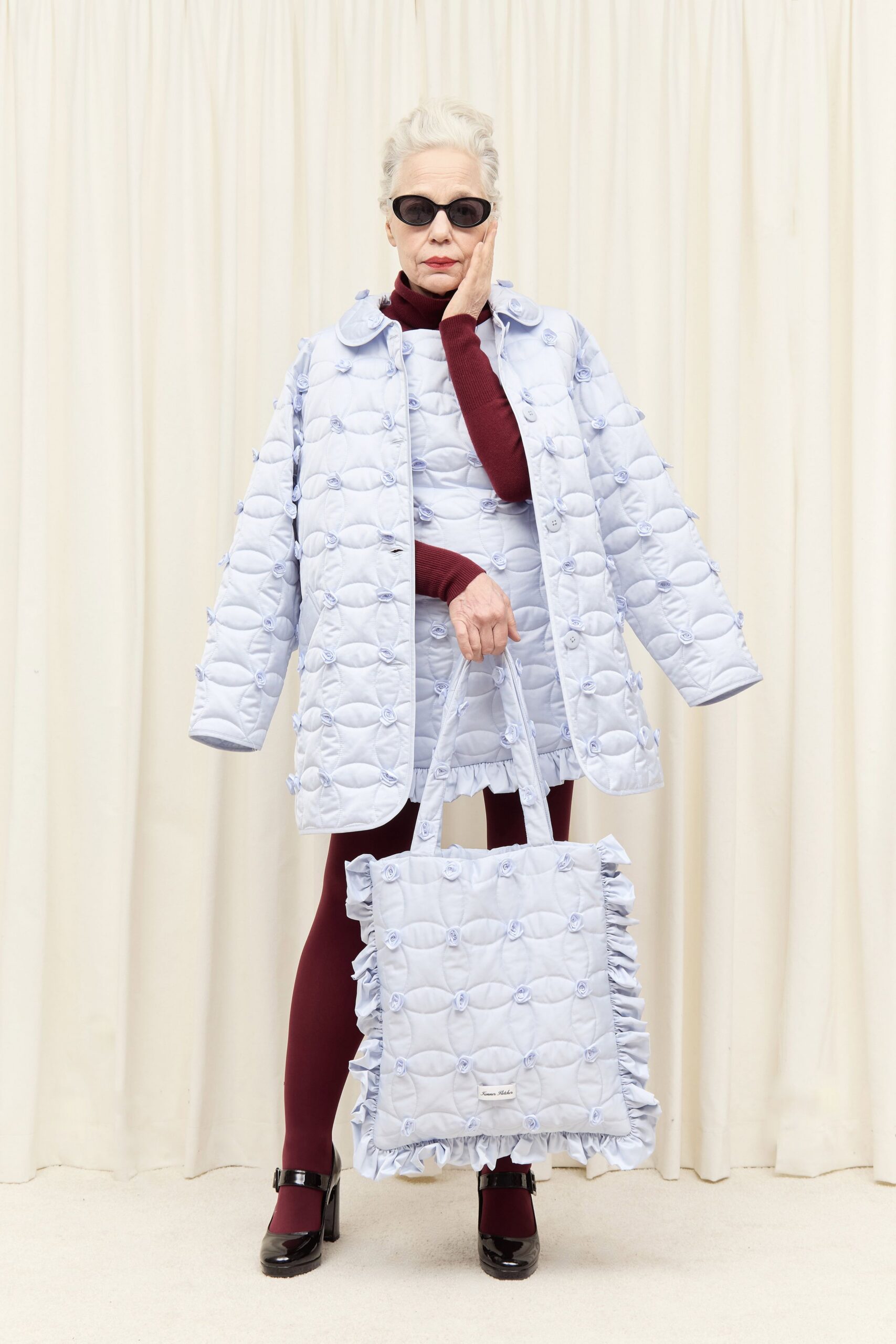 light blue padded coat and dress