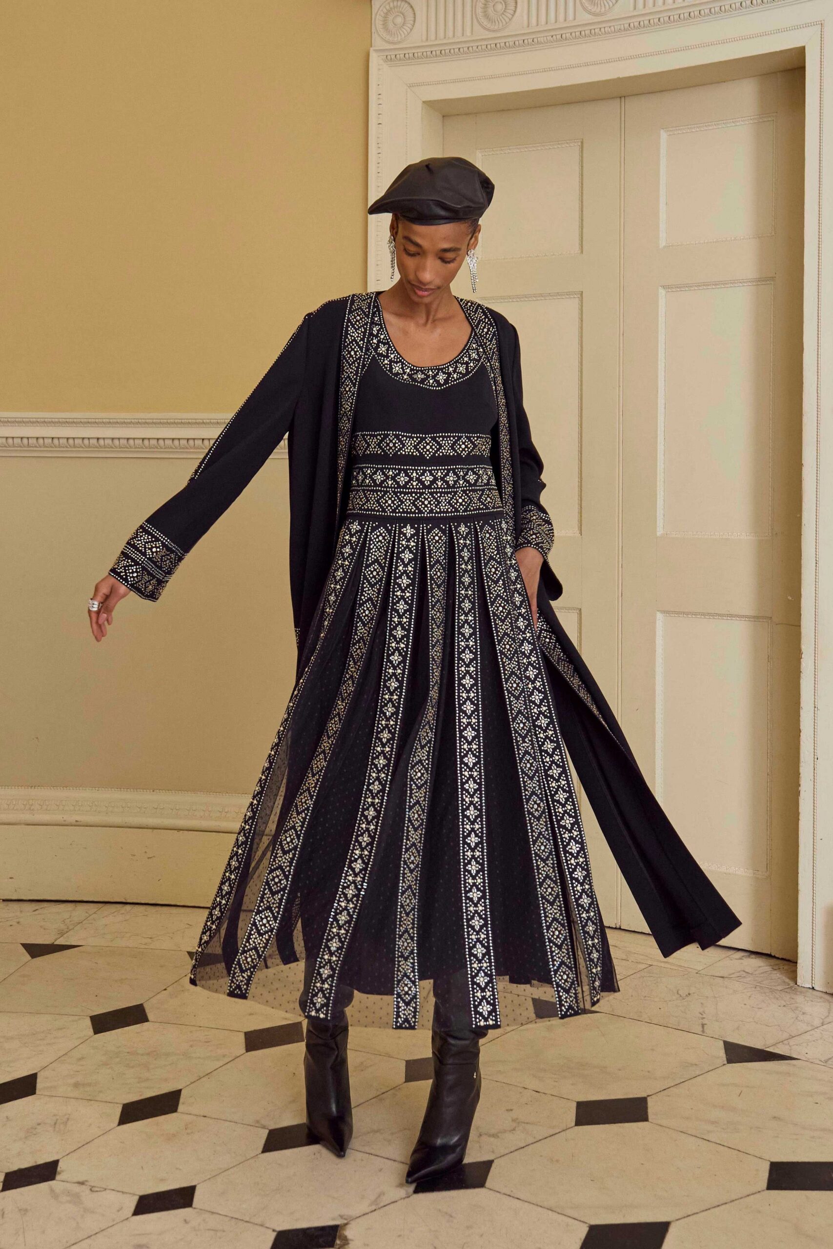 black cotton sleeveless v-neck fitted pleated embroidered dress