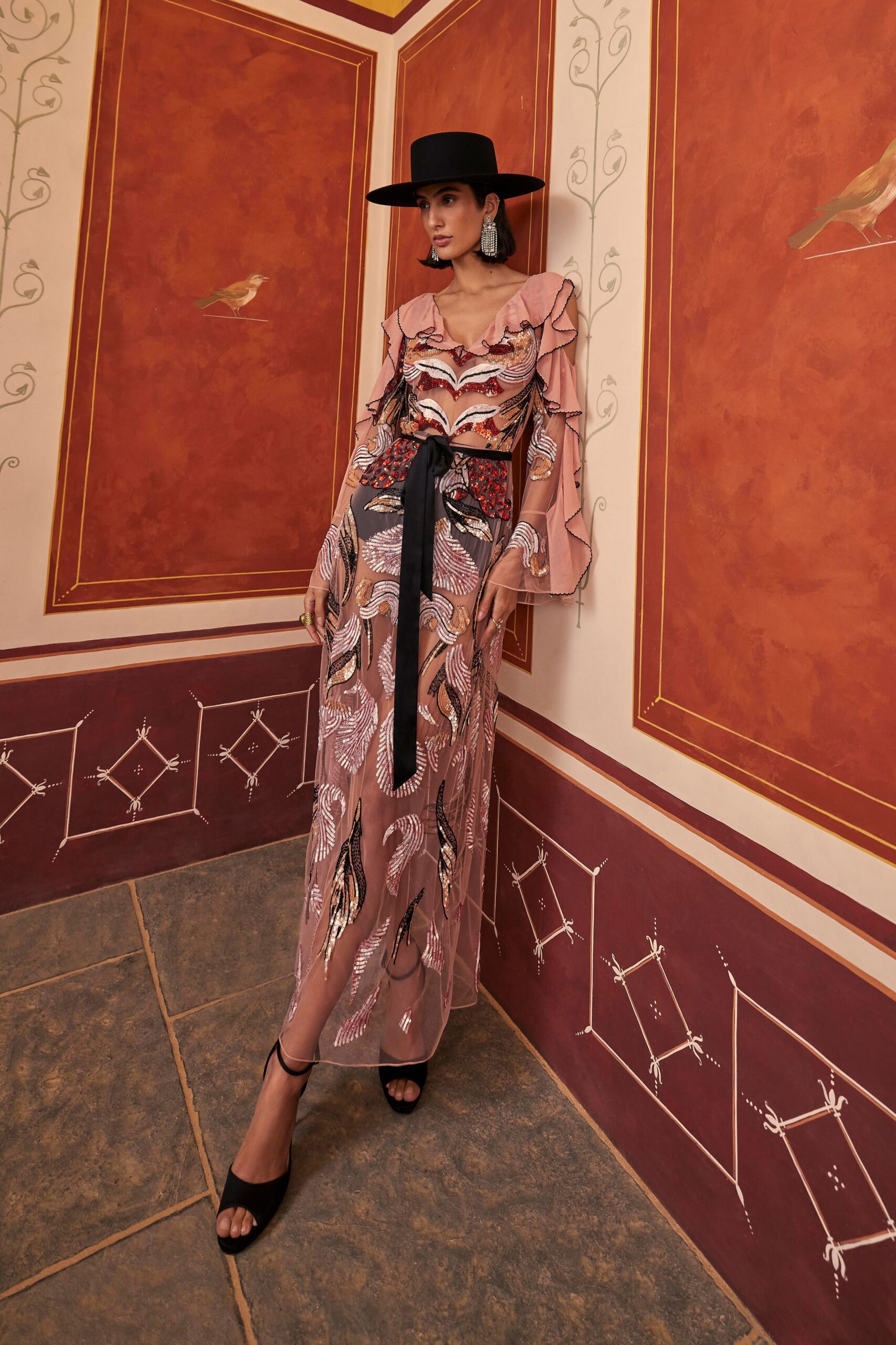pink silk long-sleeve v-neck fitted ruffled embroidered gown