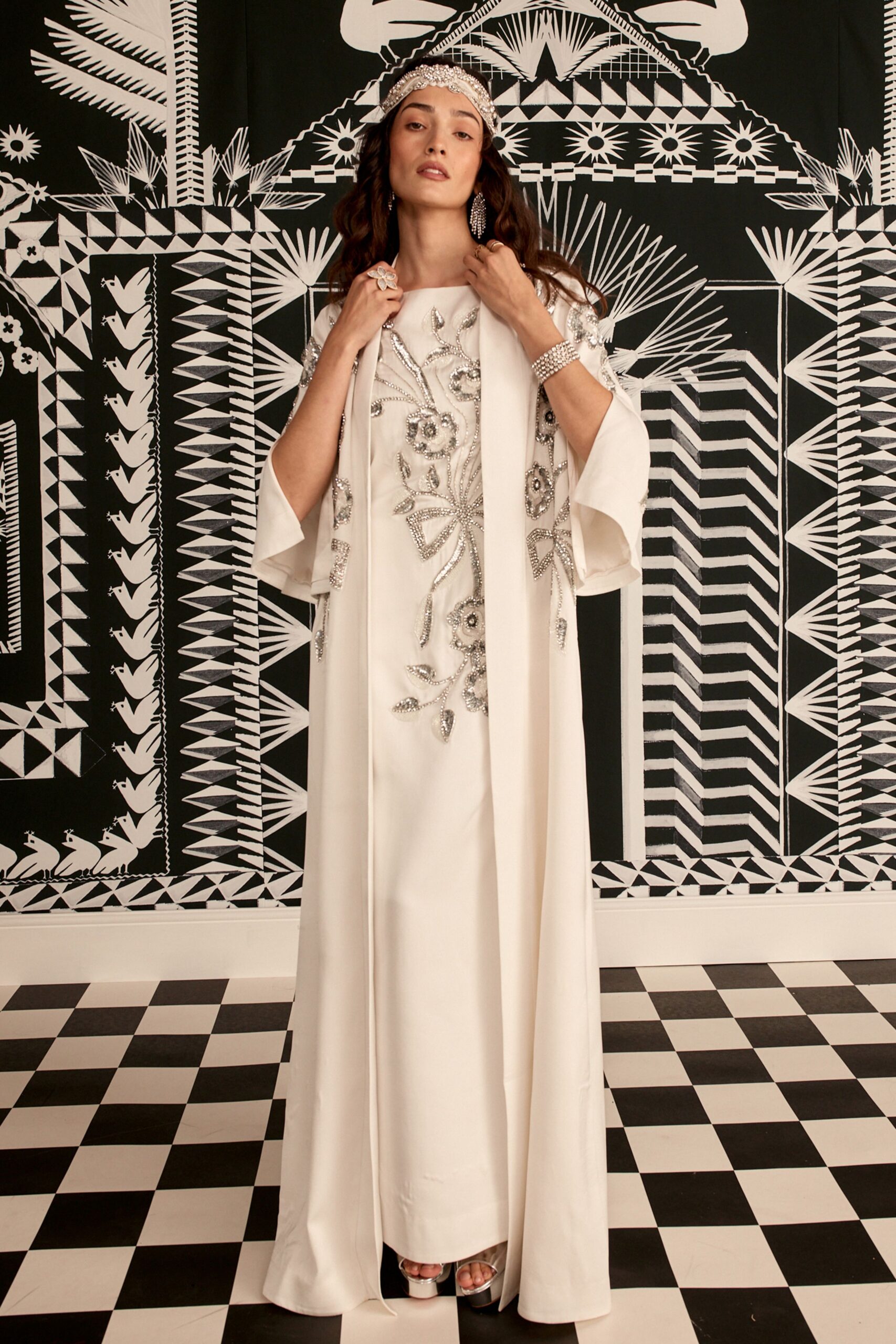white silk long-sleeve high-neck relaxed embroidered maxi gown
