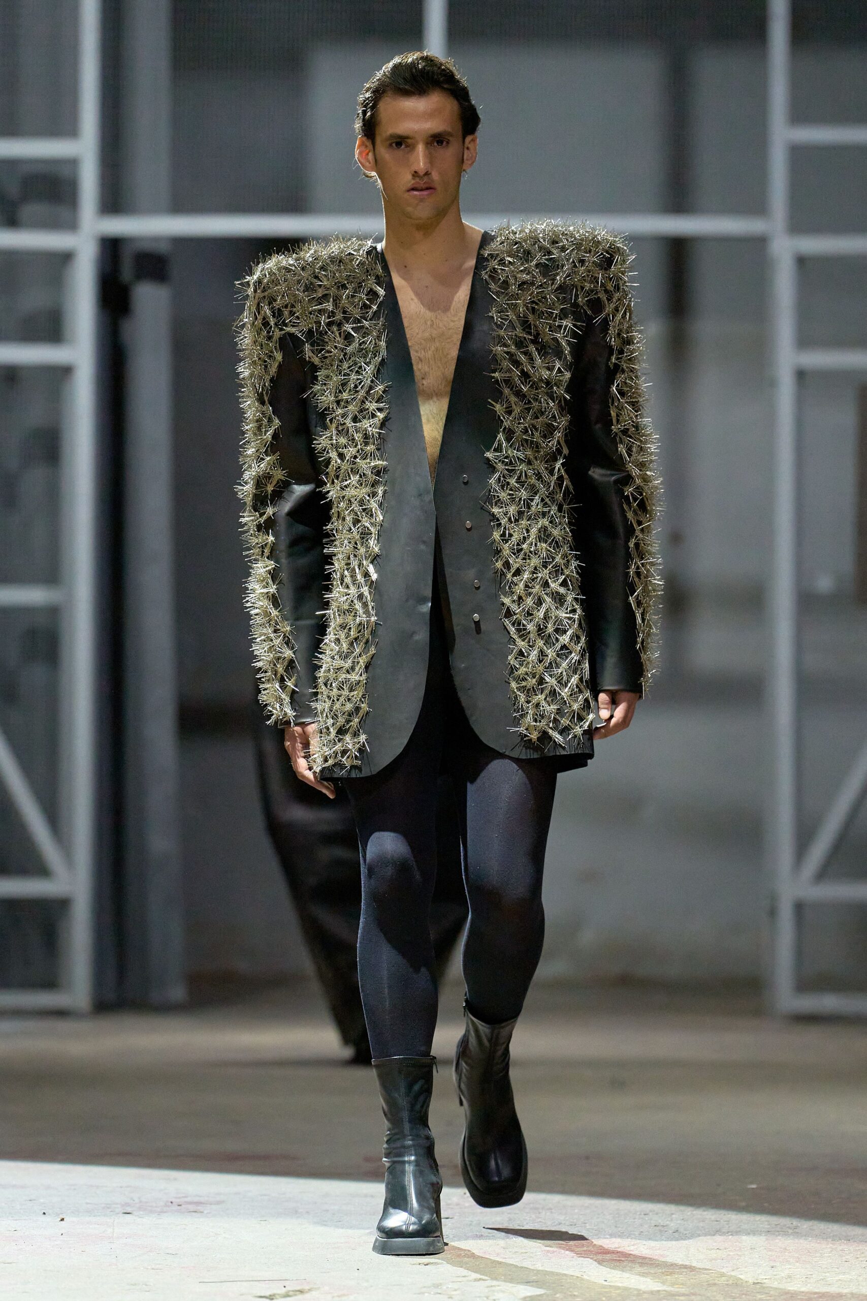black faux-fur long-sleeve v-neck structured embellished blazer