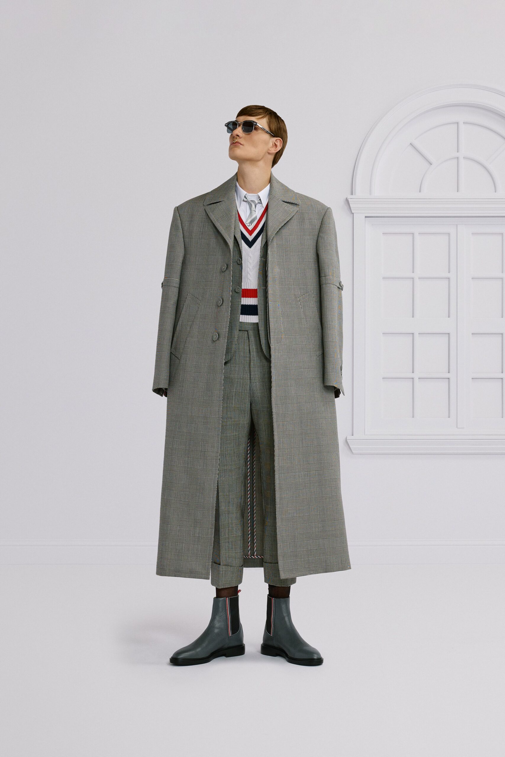 gray wool long-sleeve collared structured checked maxi coat