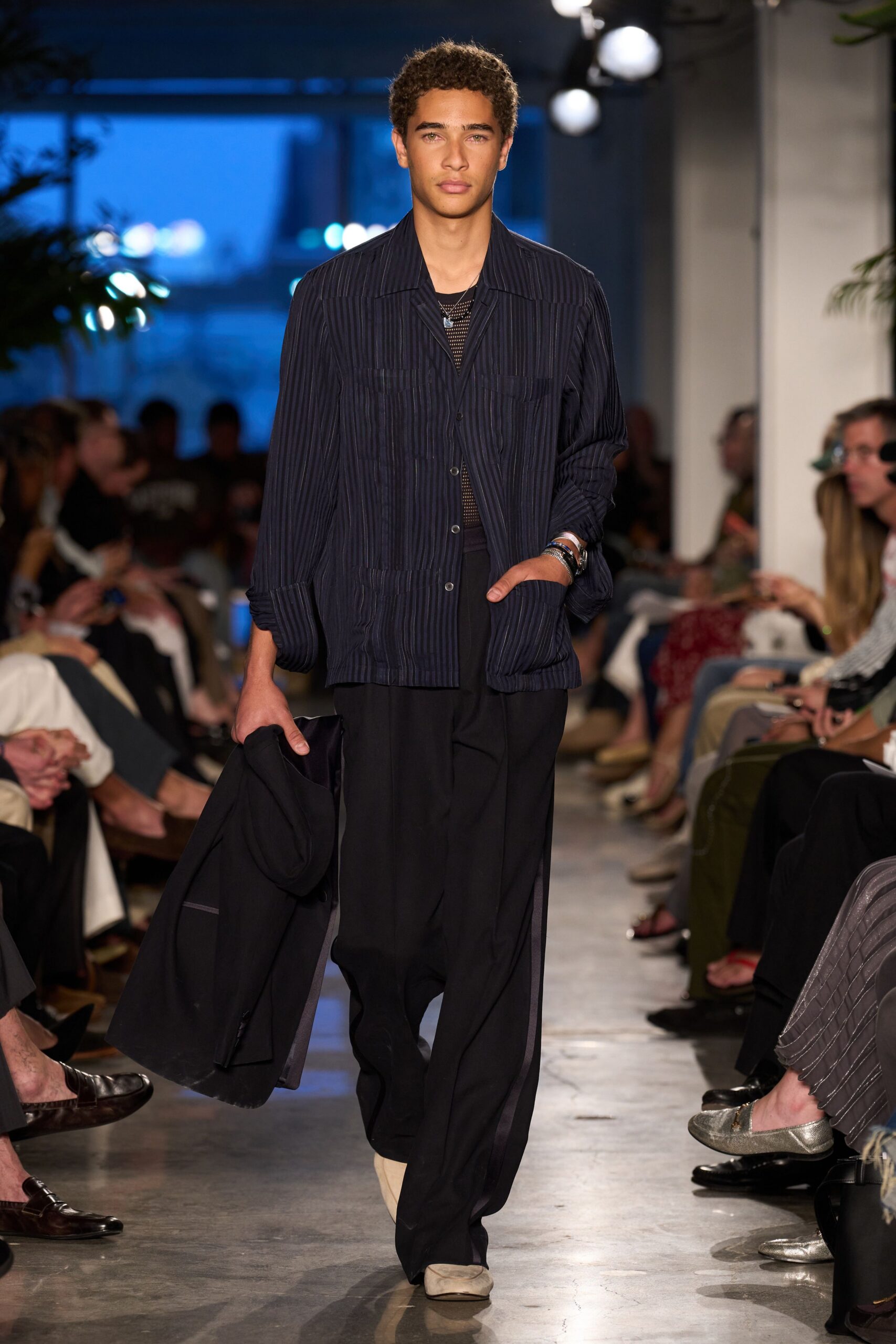 navy striped jacket with black vest