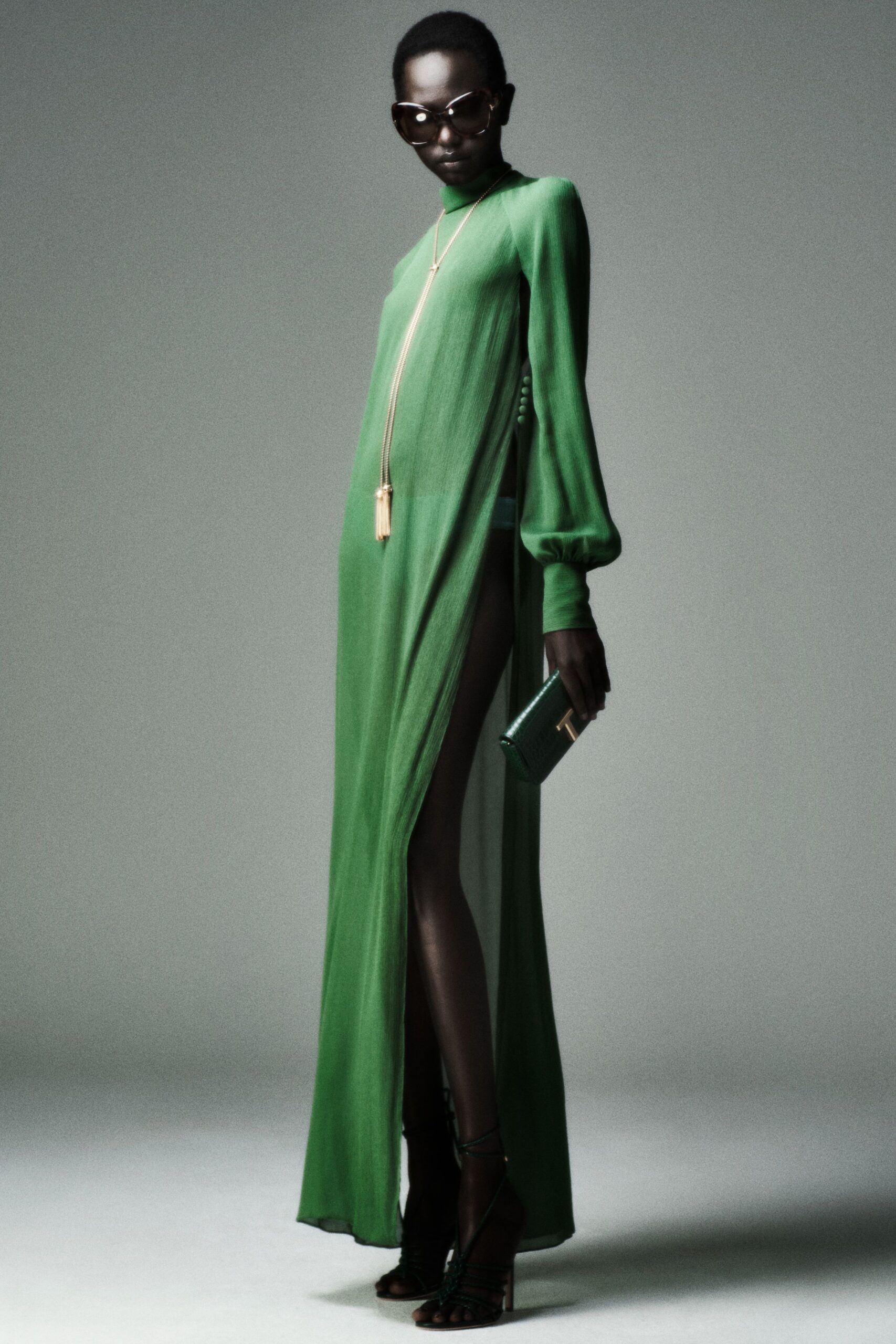 green silk long-sleeve v-neck fitted layered flowing dress