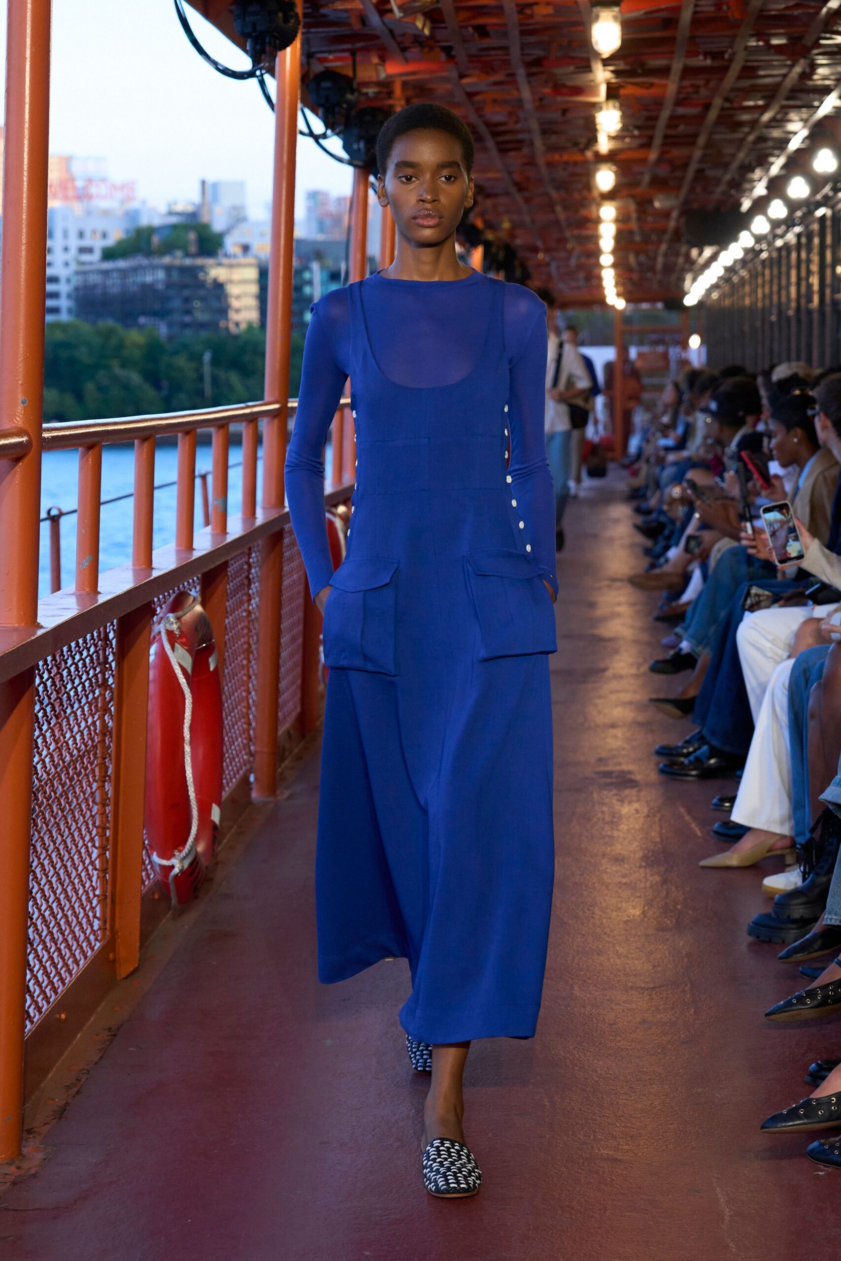 blue cotton sleeveless v-neck relaxed pockets buttoned jumpsuit