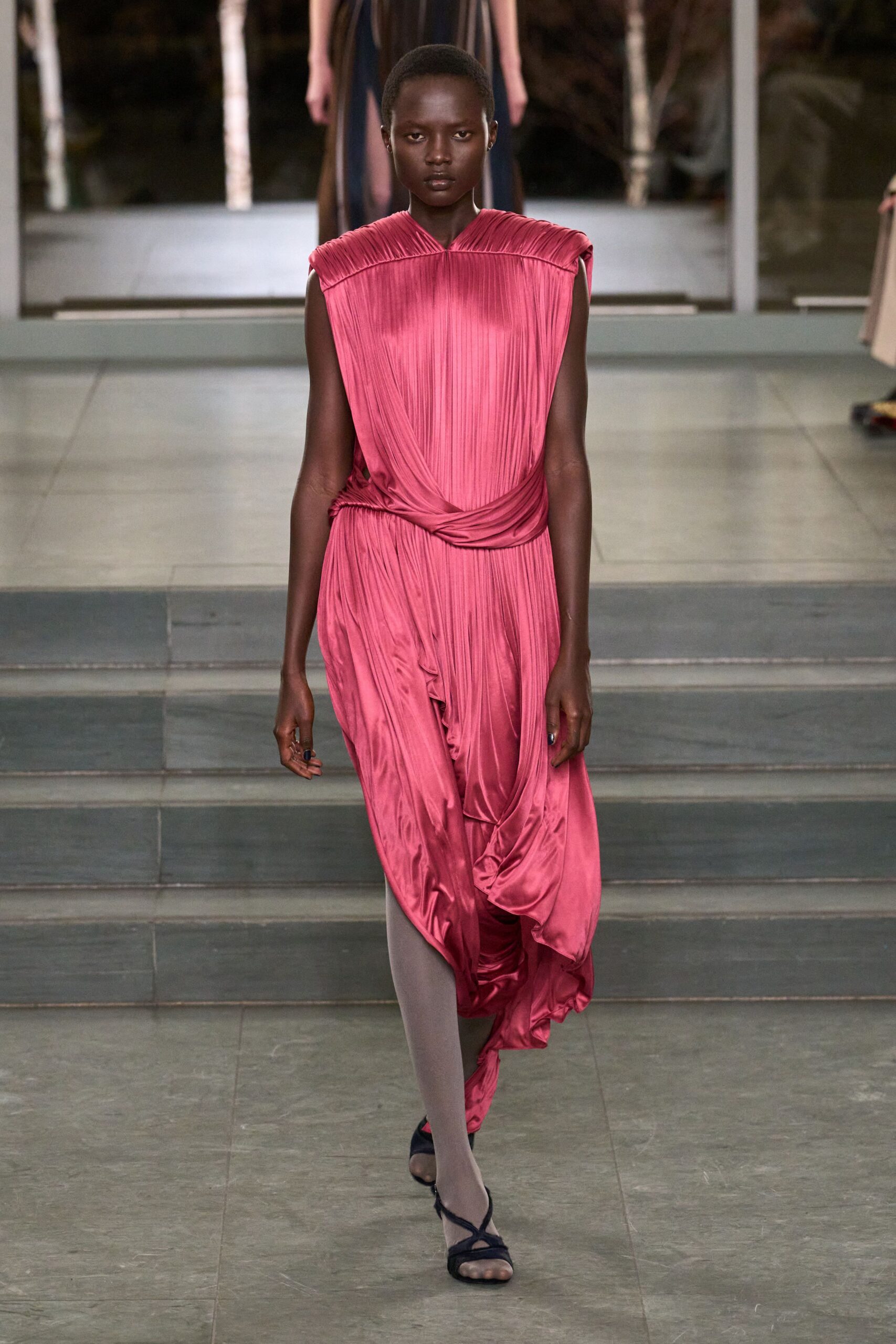 pink silk sleeveless v-neck fitted pleated draped dress