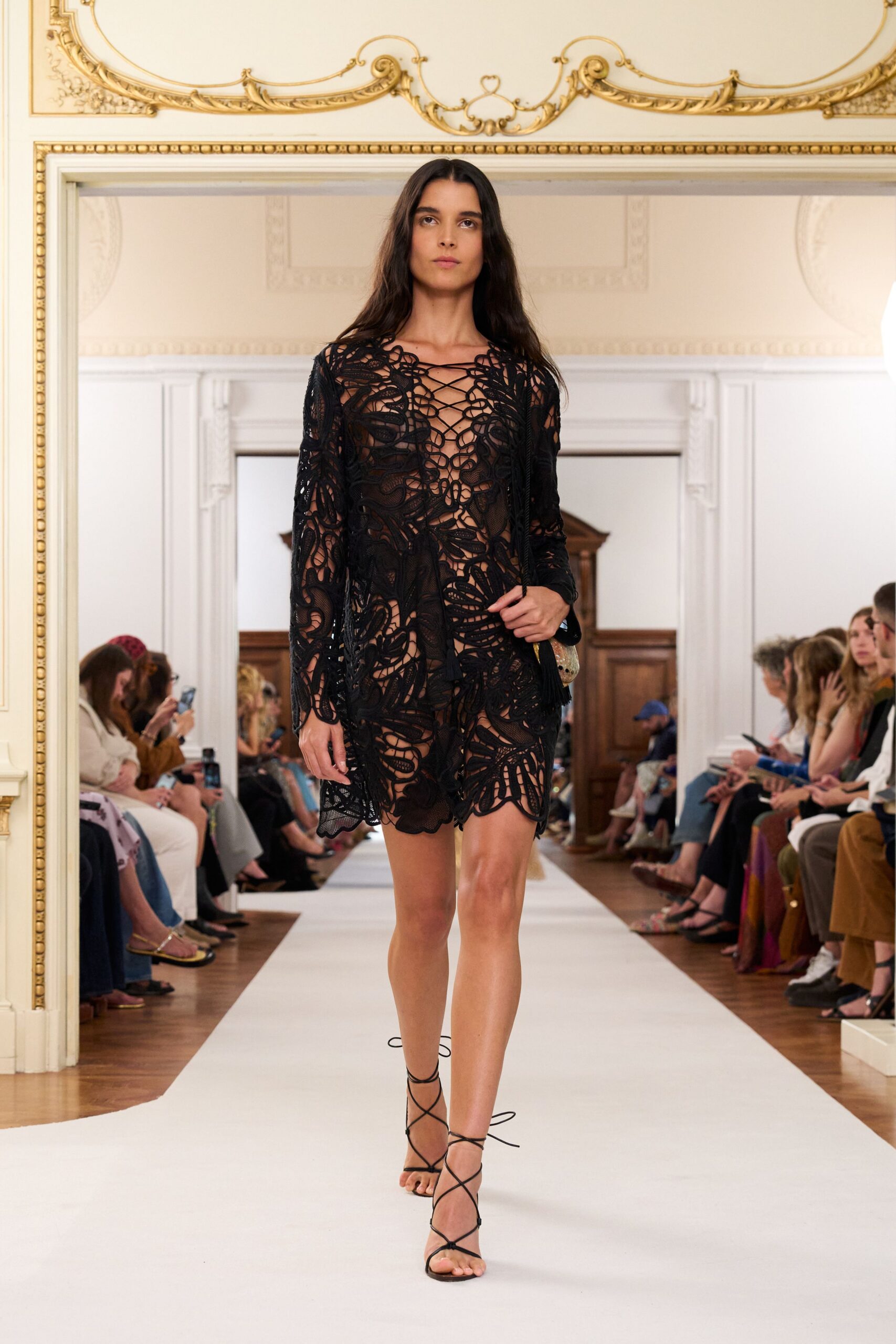 black lace long-sleeve v-neck fitted embroidered dress