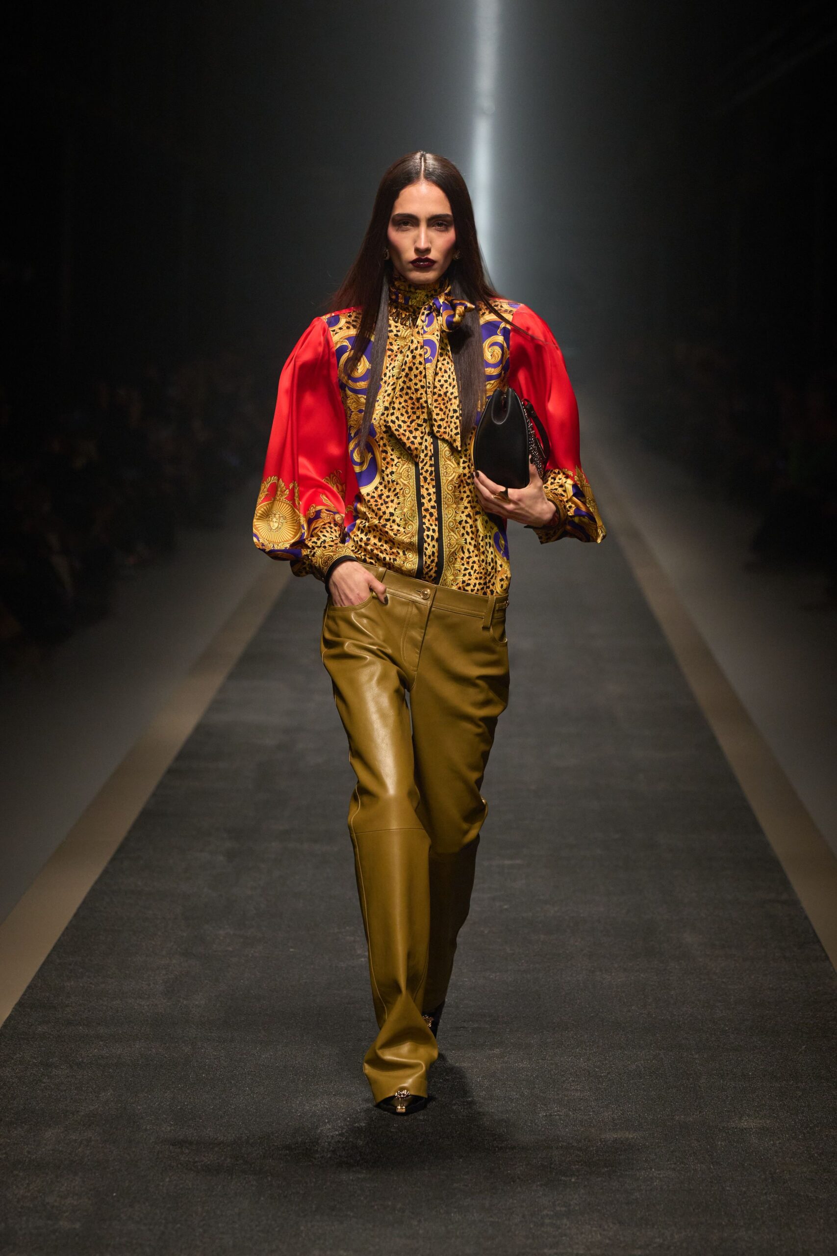 red silk shirt with printed details