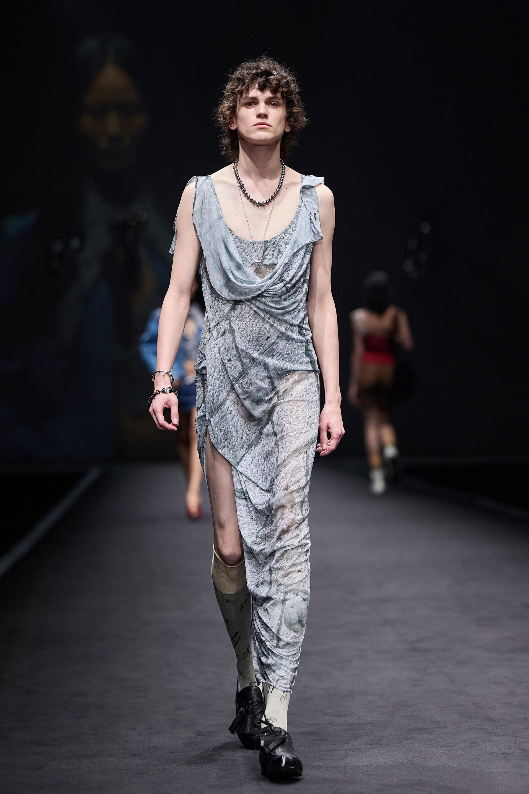 gray silk sleeveless v-neck fitted draped layered dress