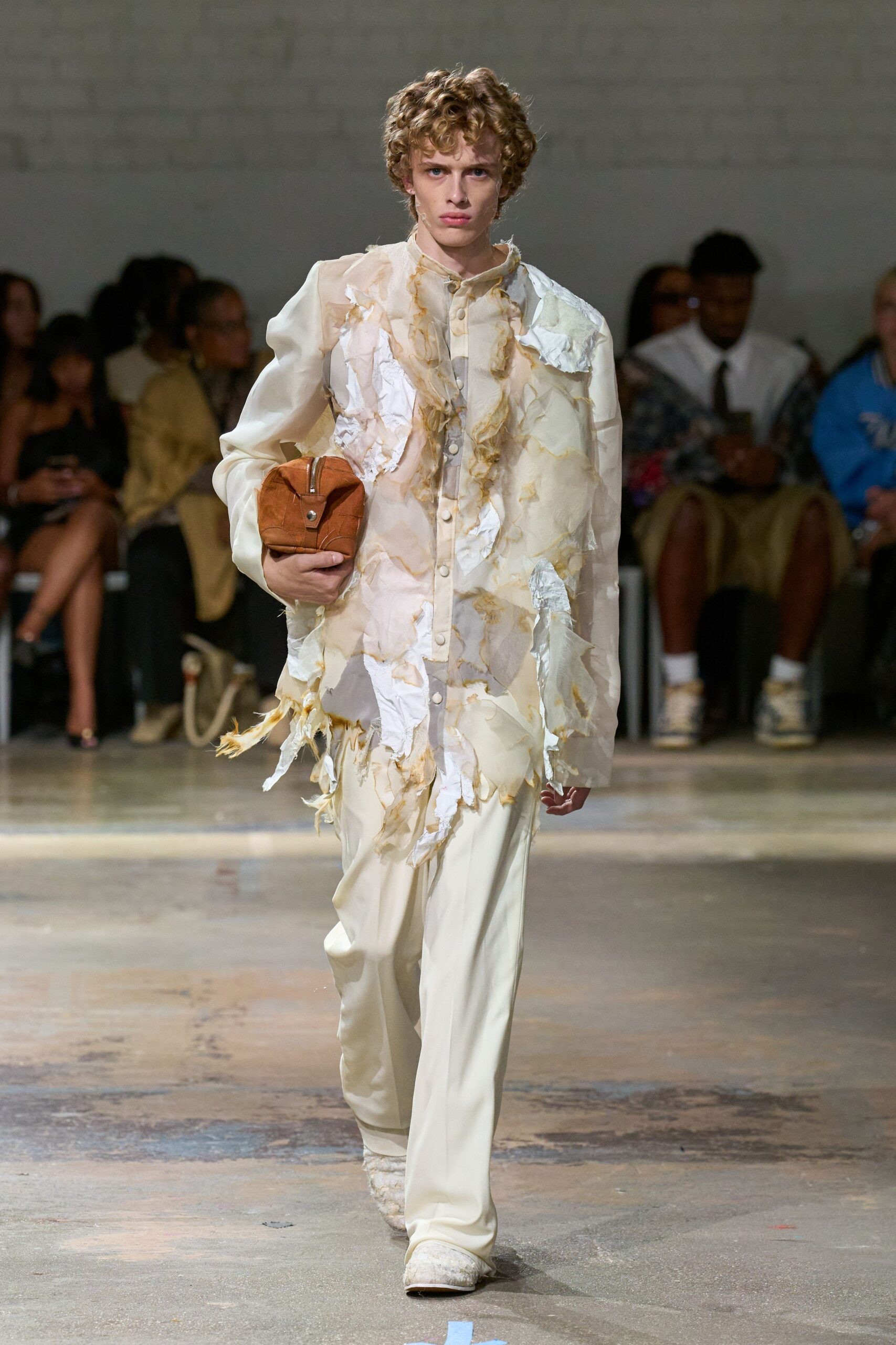 white cotton long-sleeve collared relaxed fringed layered shirt