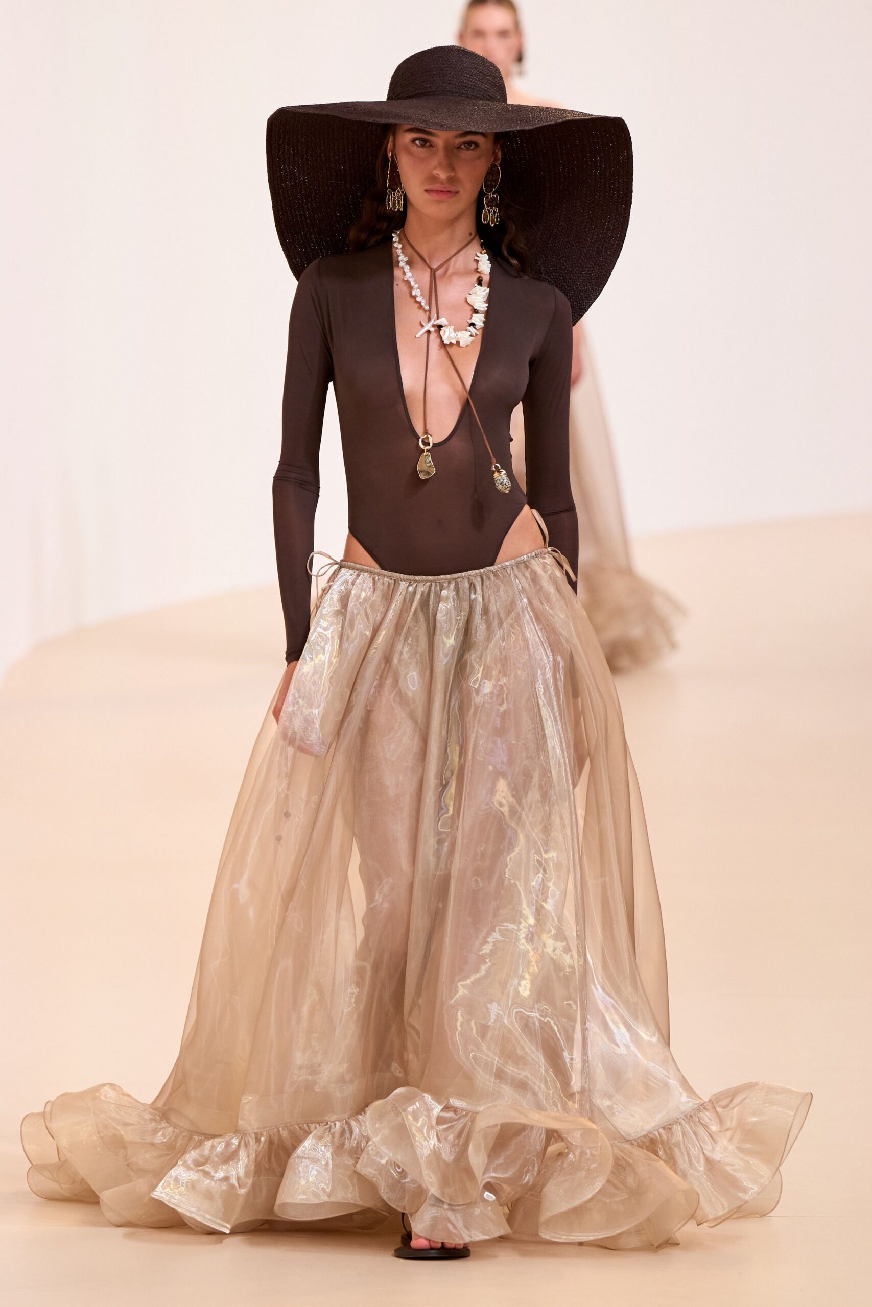 beige chiffon long-sleeve relaxed tiered flowing maxi skirt