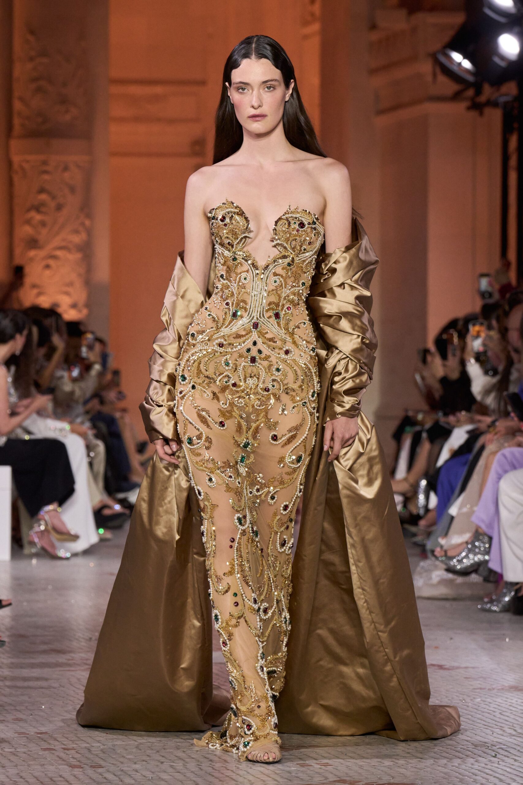 beige silk strapless fitted embroidered beaded sheer gown