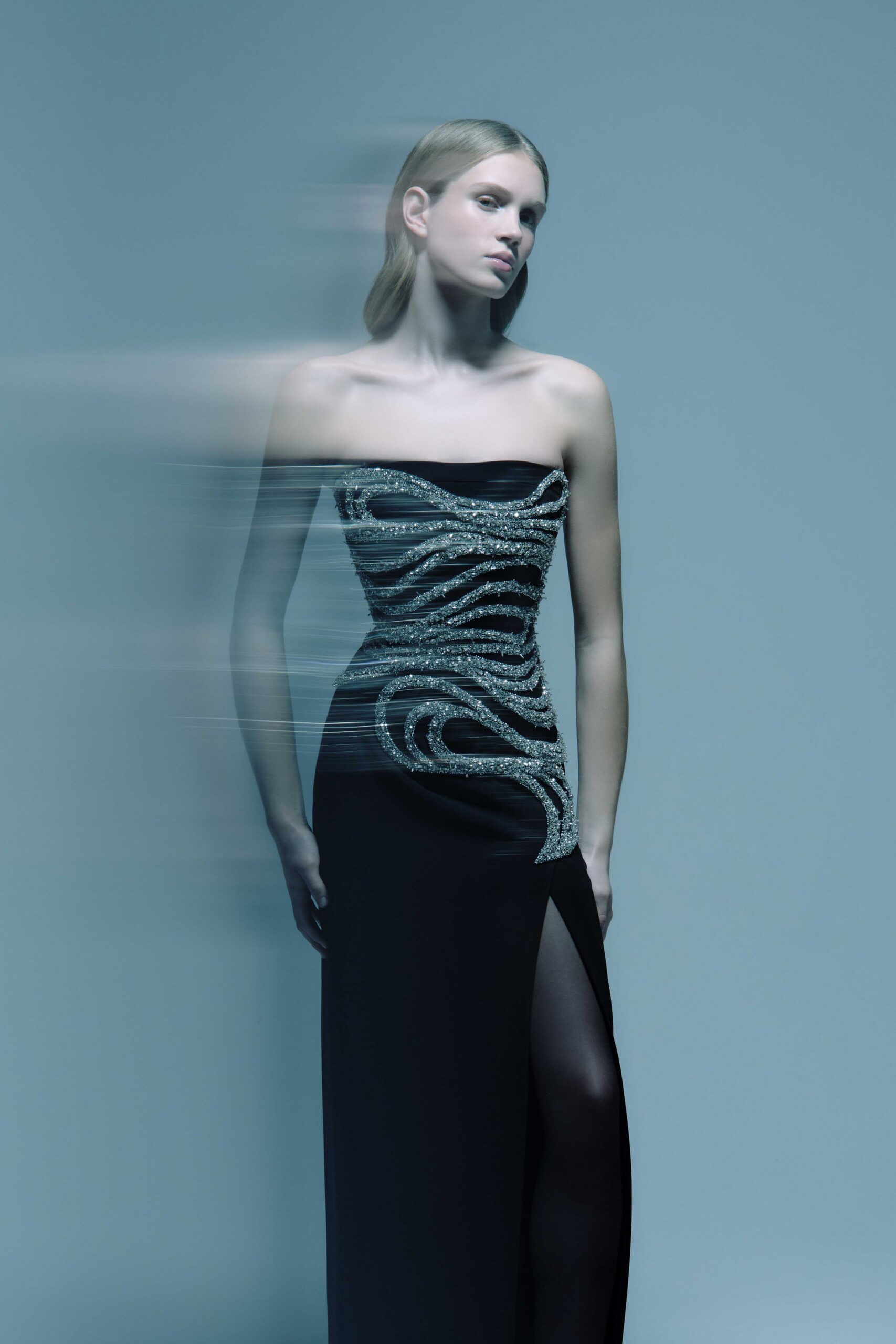 black strapless embellished gown